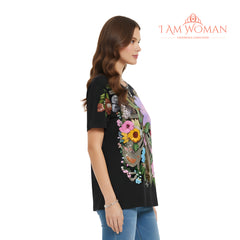 I Am Woman Black, Embroidered Floral and Hummingbird Shirt