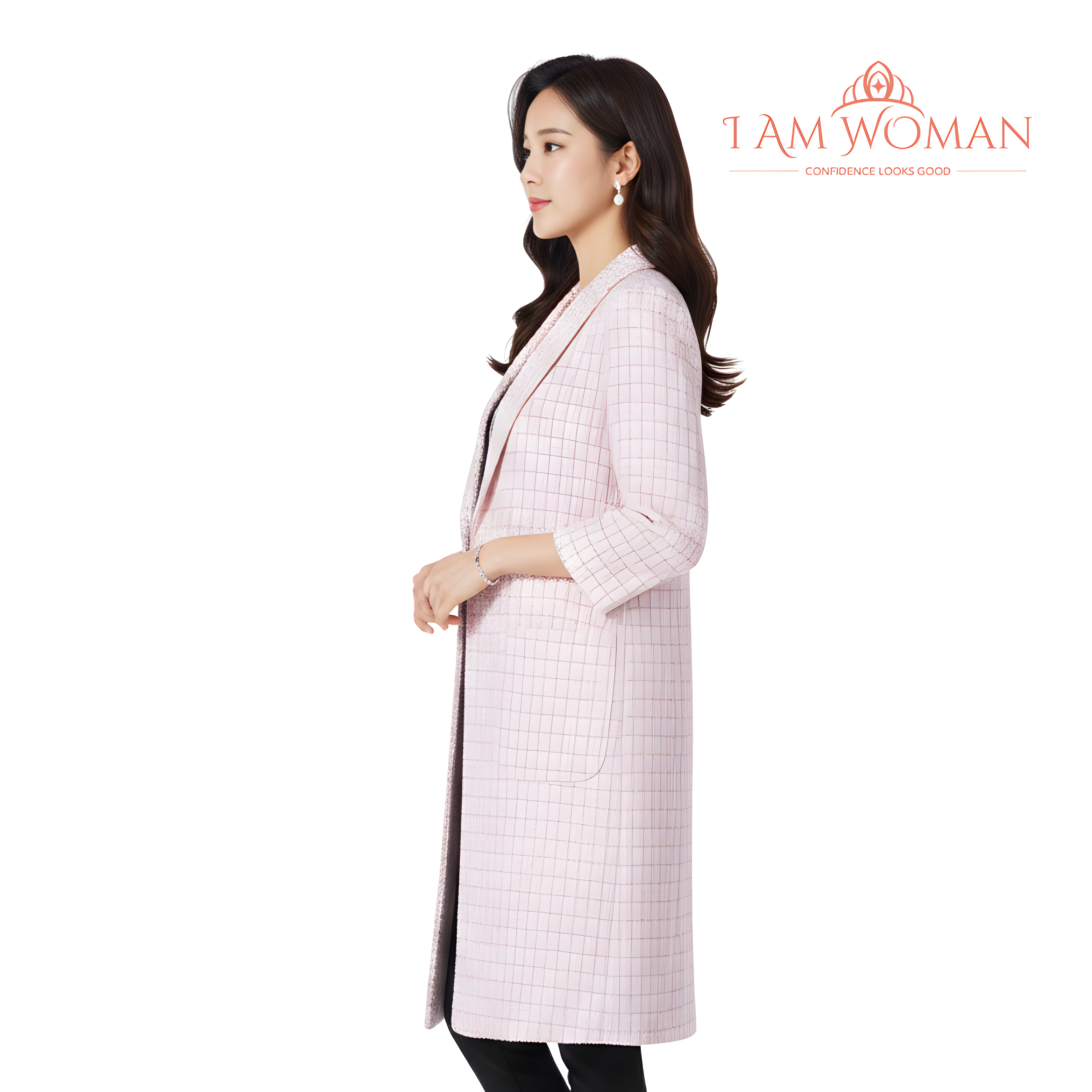 I Am Woman Pink Tweed Long Coat with Pockets