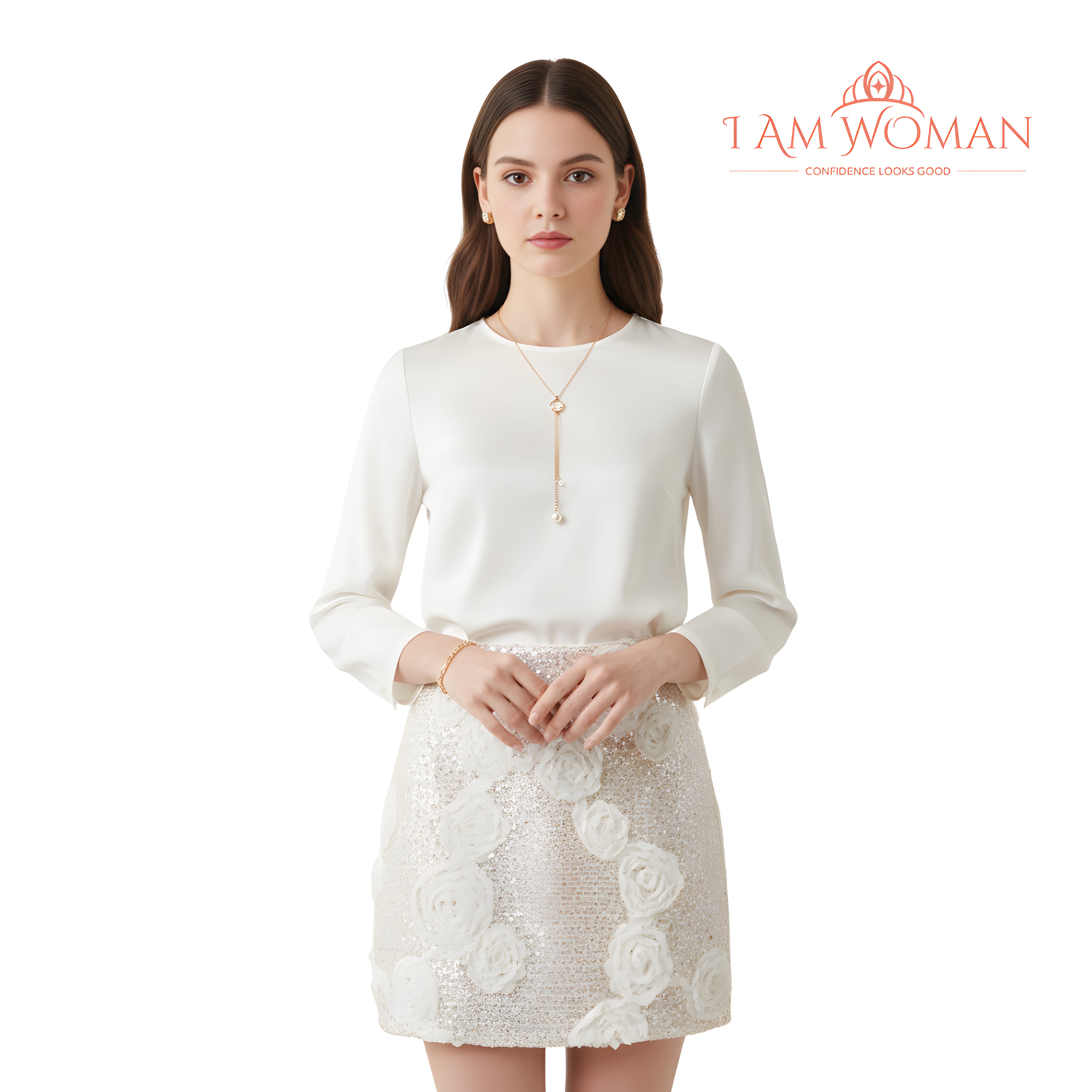 I Am Woman Beige Sequin Skirt with Rosette Applique