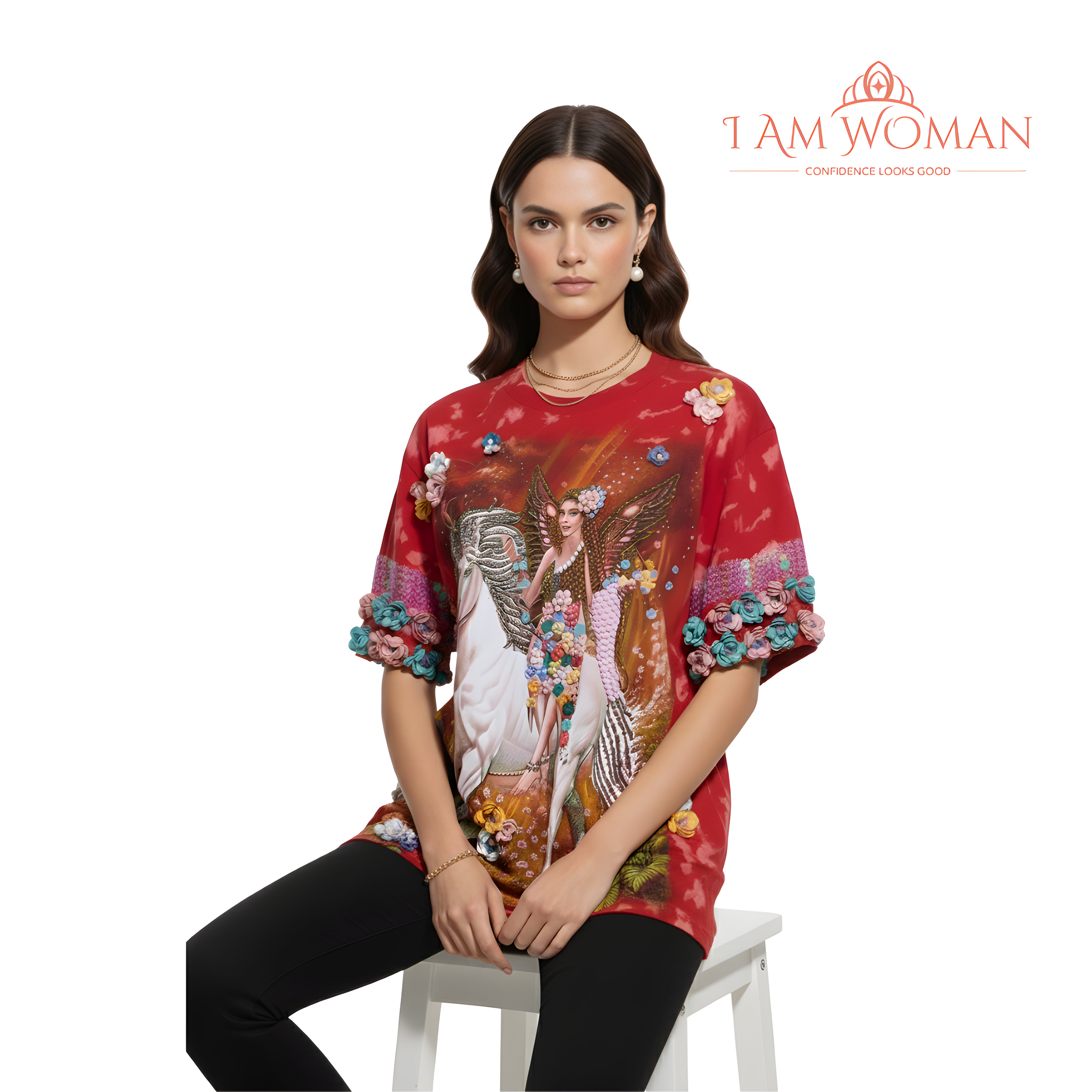 I Am Woman Red Baroque Print T Shirt