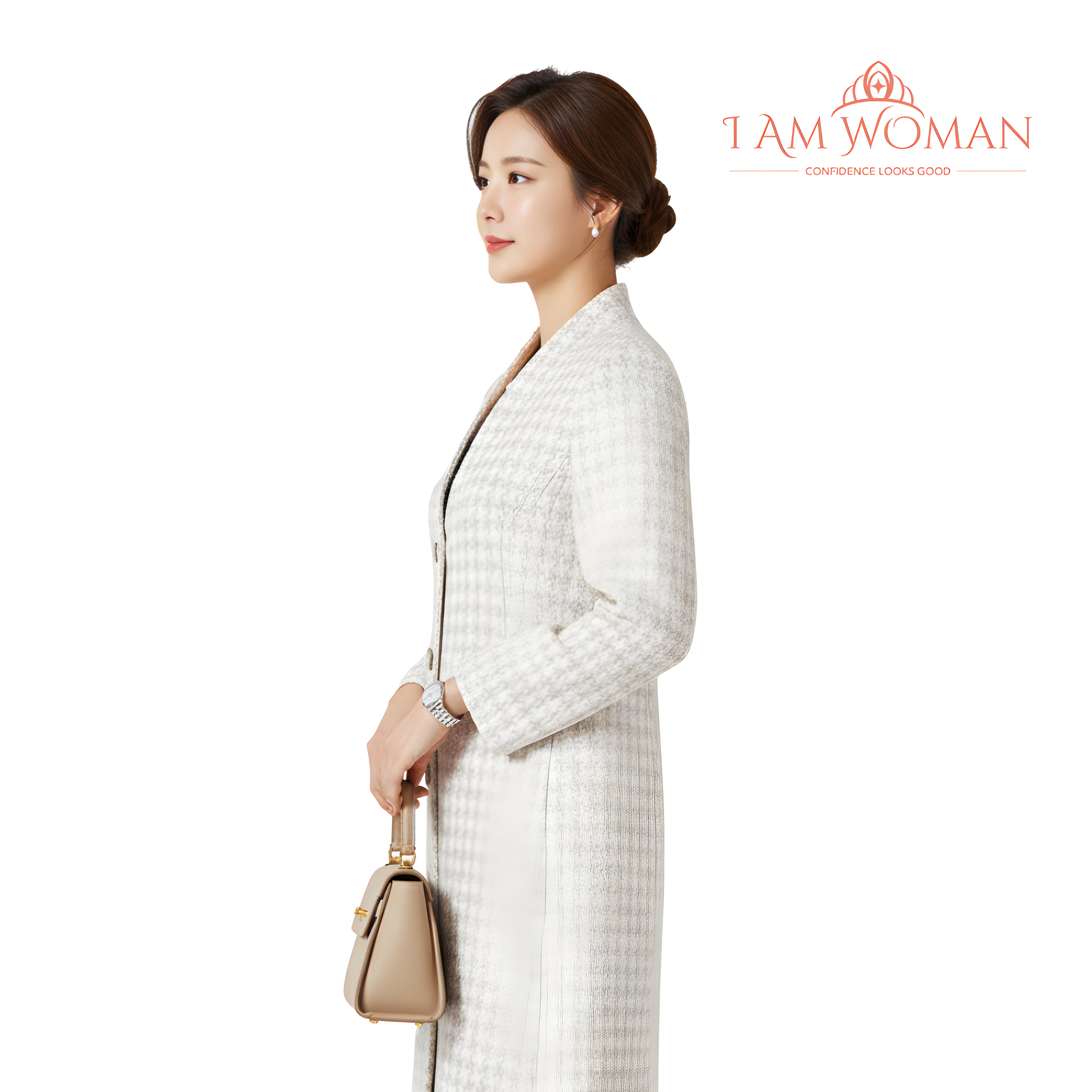 I Am Woman Beige Houndstooth Long Coat
