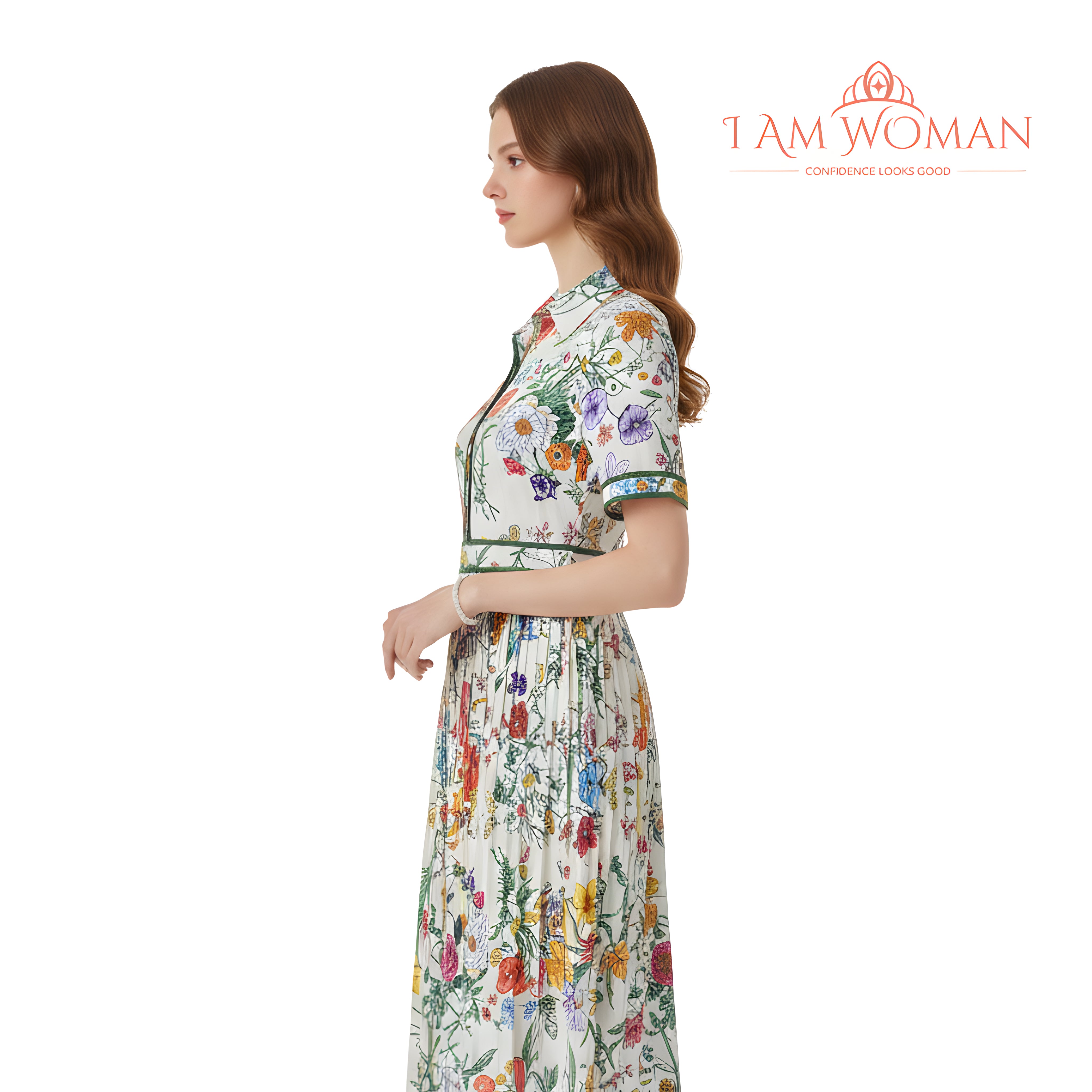 I Am Woman White Floral Print, Pleated Midi Dress