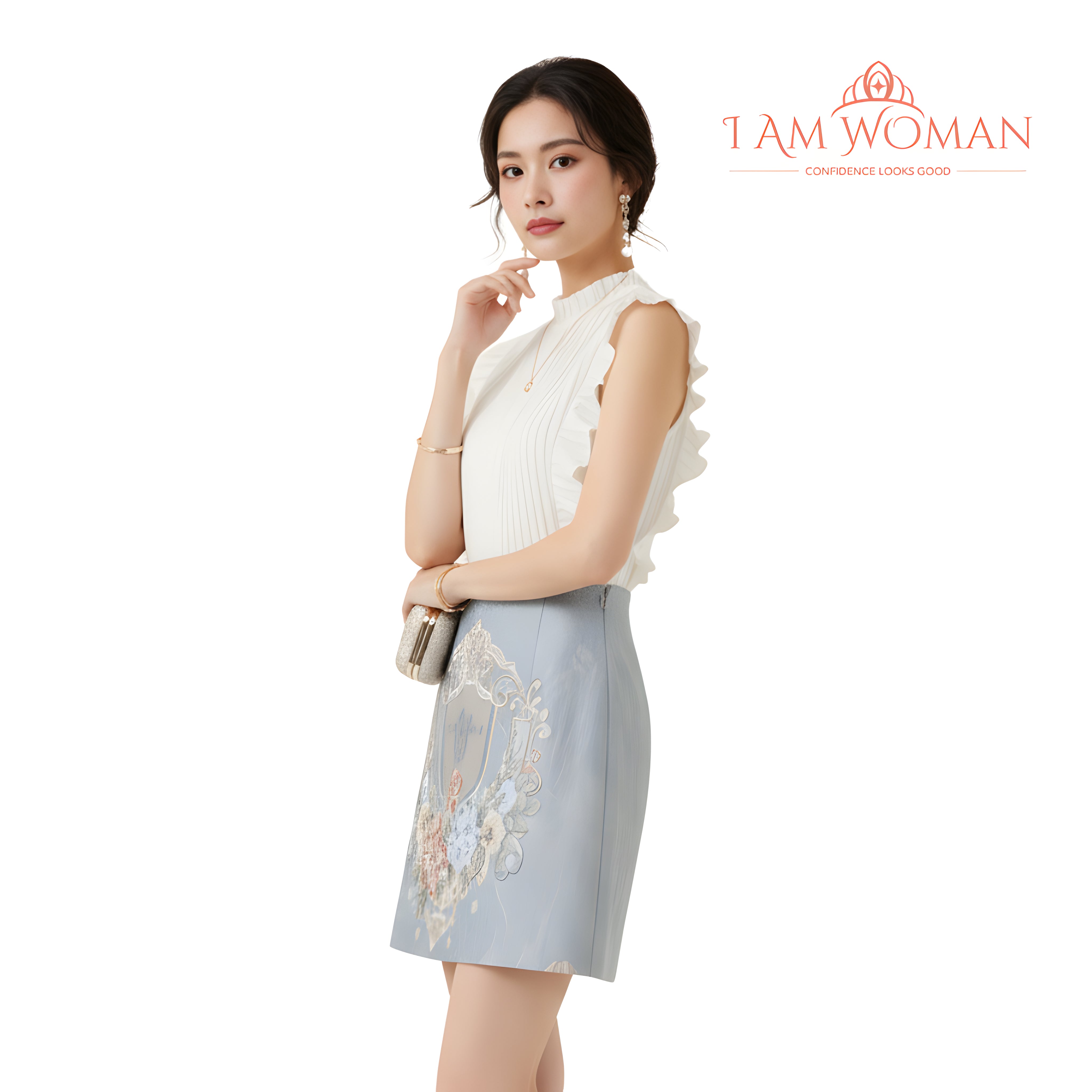 I Am Woman Powder Blue Embroidered 3D Floral Skirt