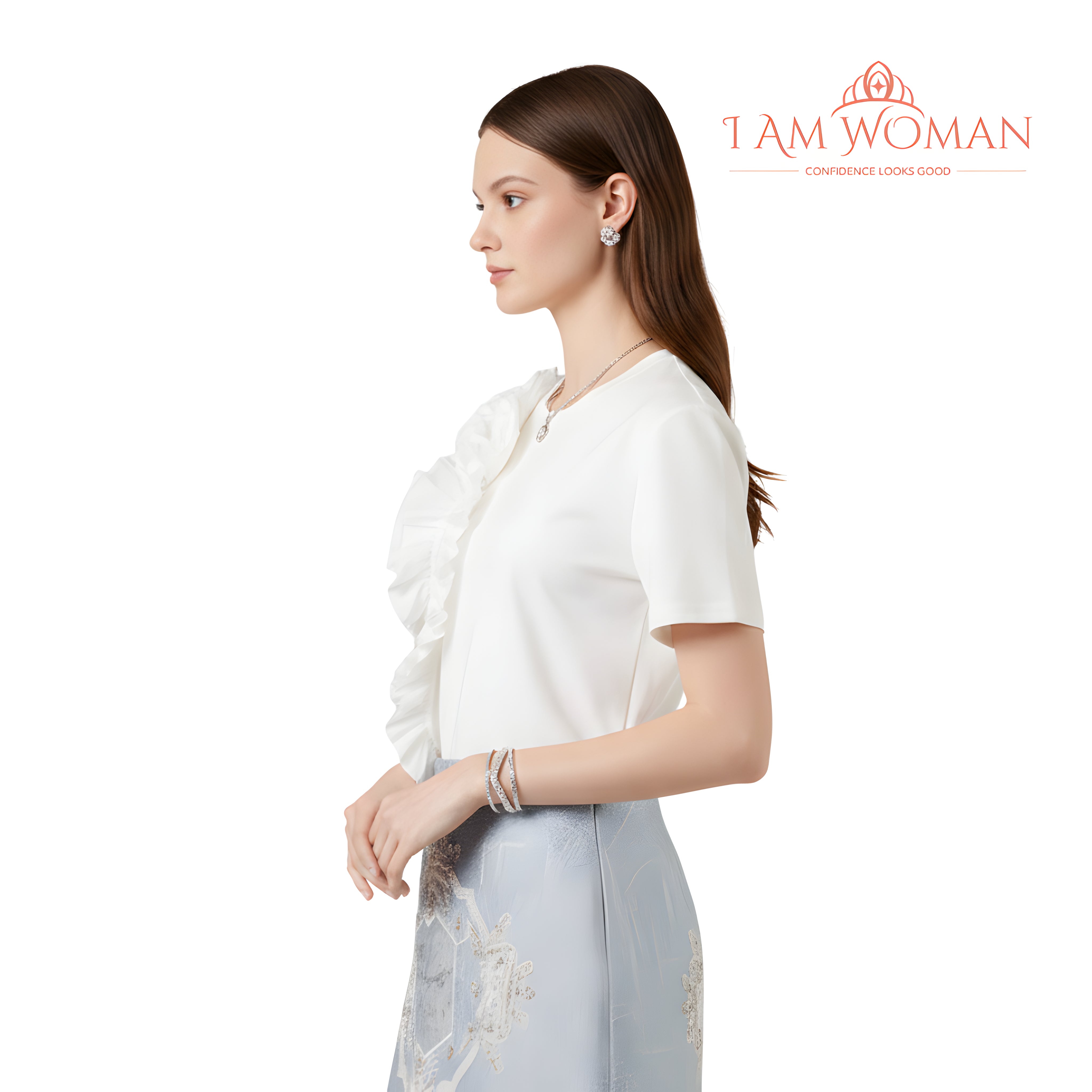 I Am Woman White T-Shirt with a Large White Ruffle Detail on One Shoulder