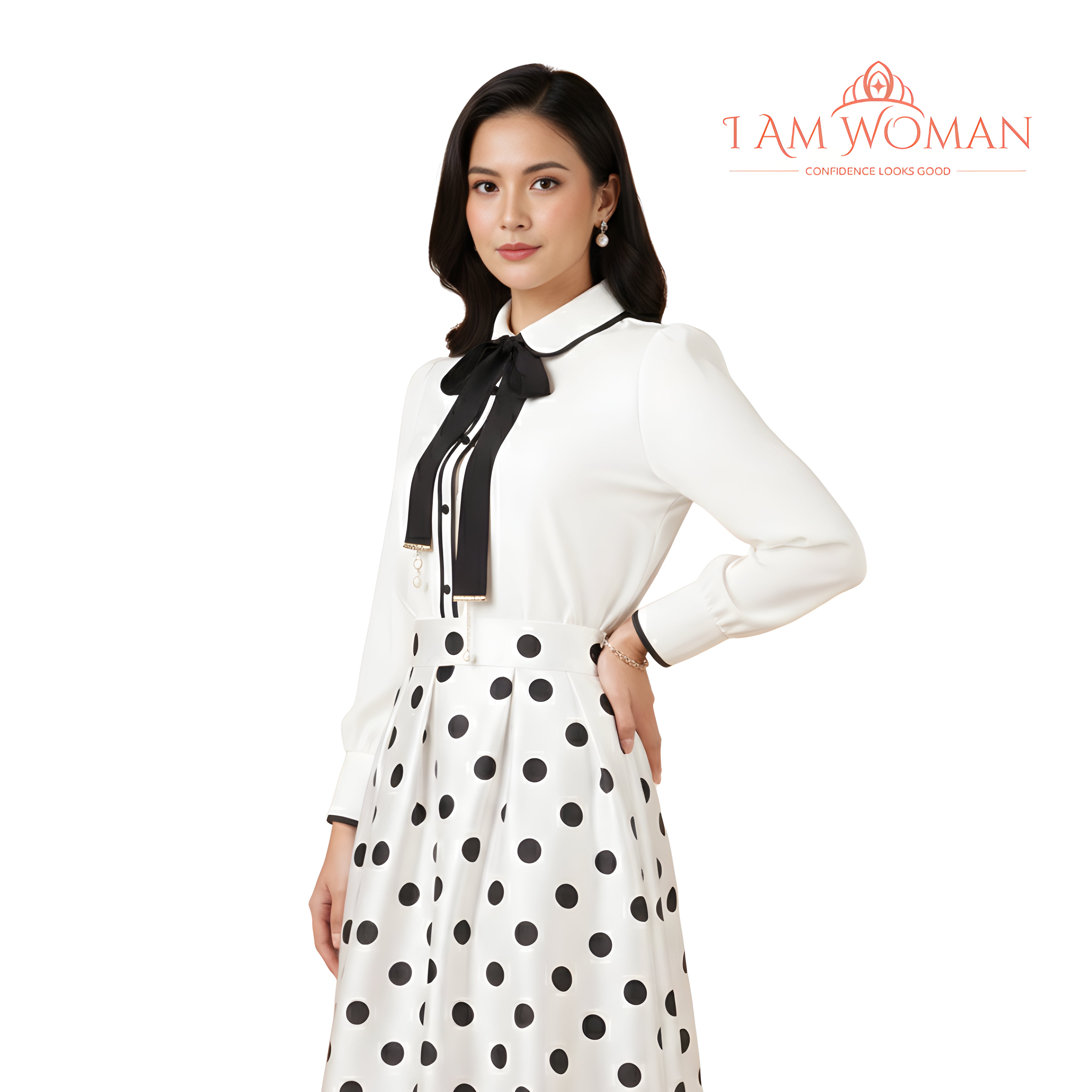 I Am Woman White Blouse with Black Necktie