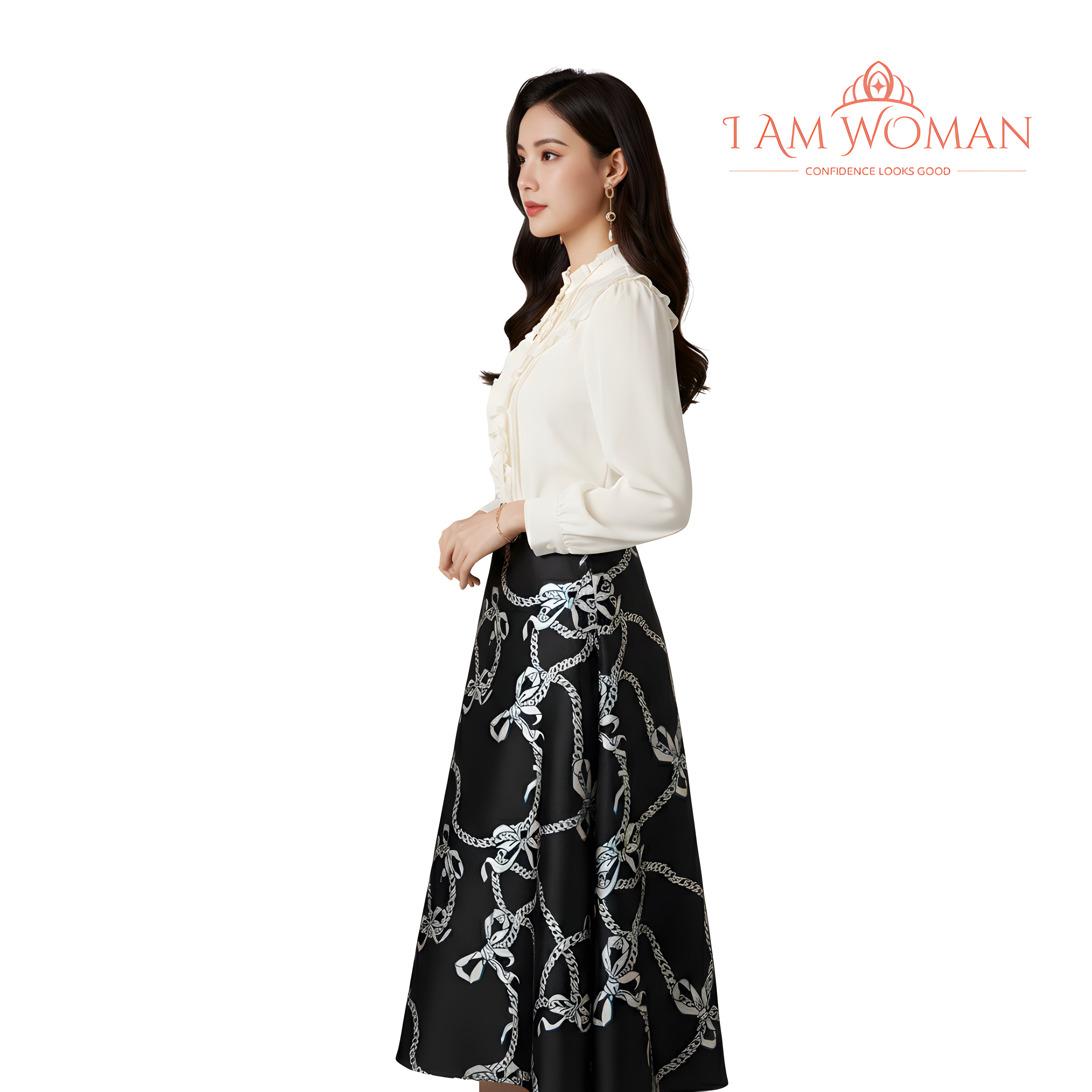 I Am Woman Black Midi Skirt with White Bows and Chain Print