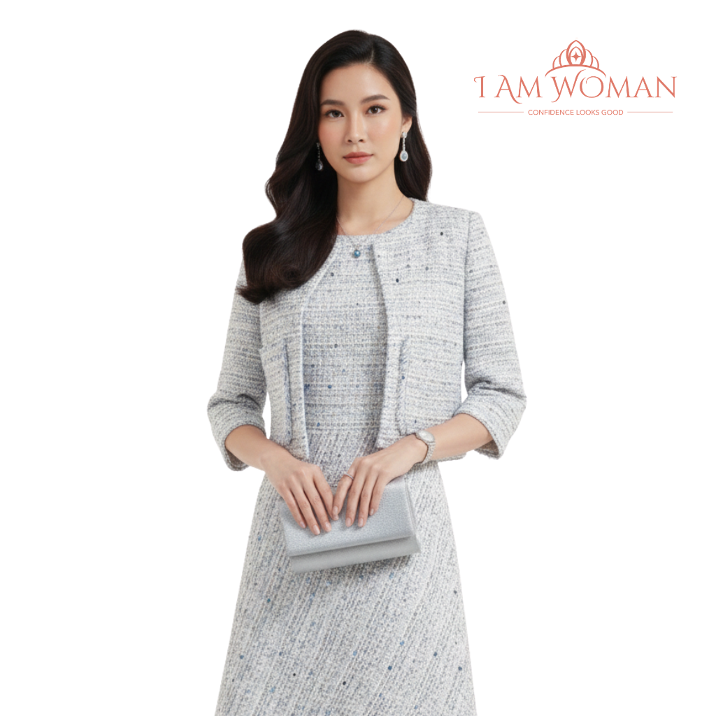 I Am Woman Gray Multi Colored Sequined Tweed Cropped Jacket