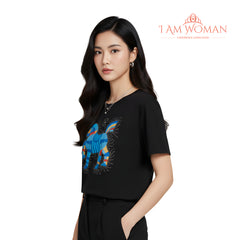I Am Woman Black T-Shirt with a Rhinestone-Studded Colorful Horse Design