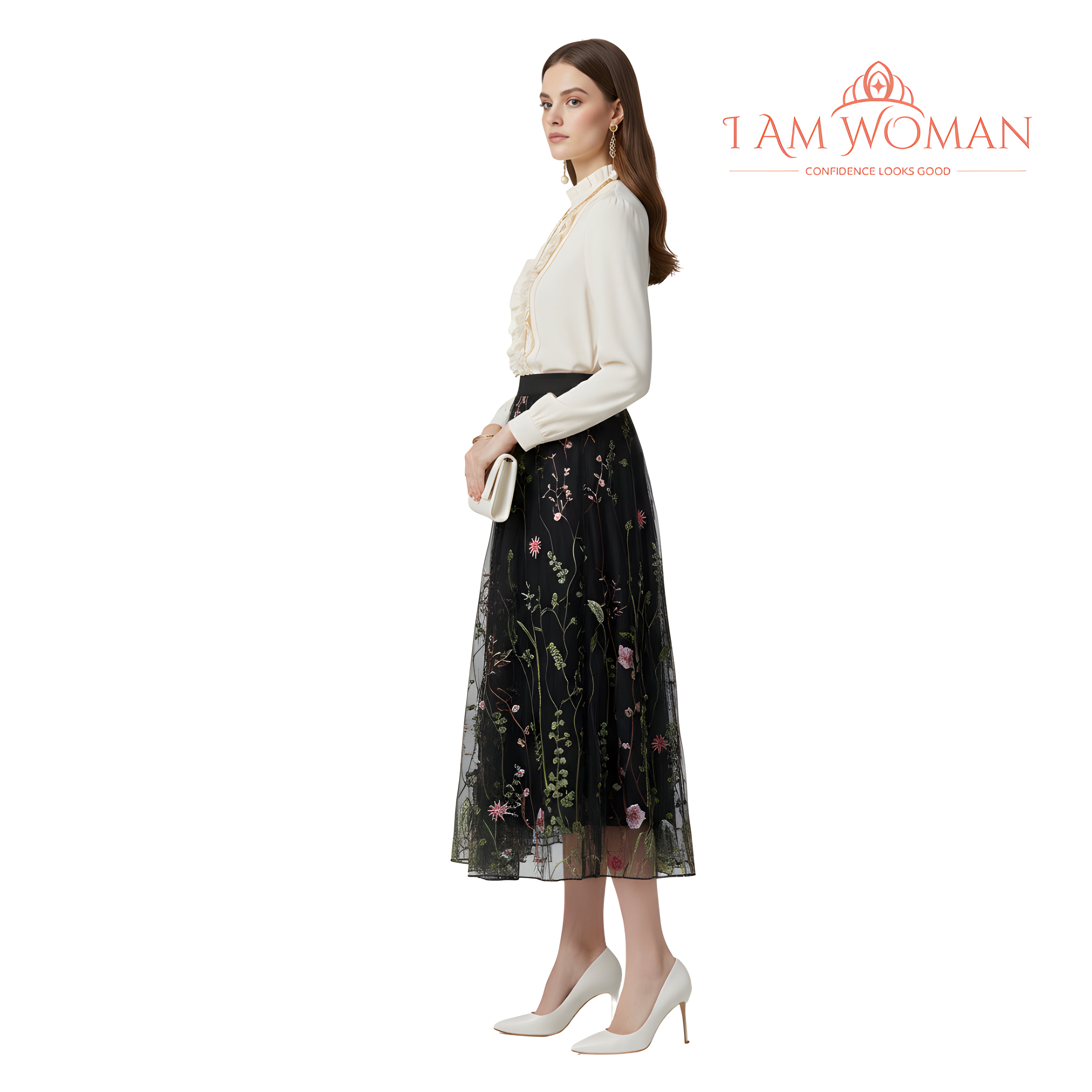 I Am Woman Black Floral Embroidered Tulle Skirt
