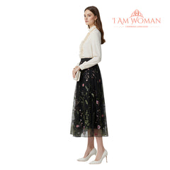 I Am Woman Black Floral Embroidered Tulle Skirt