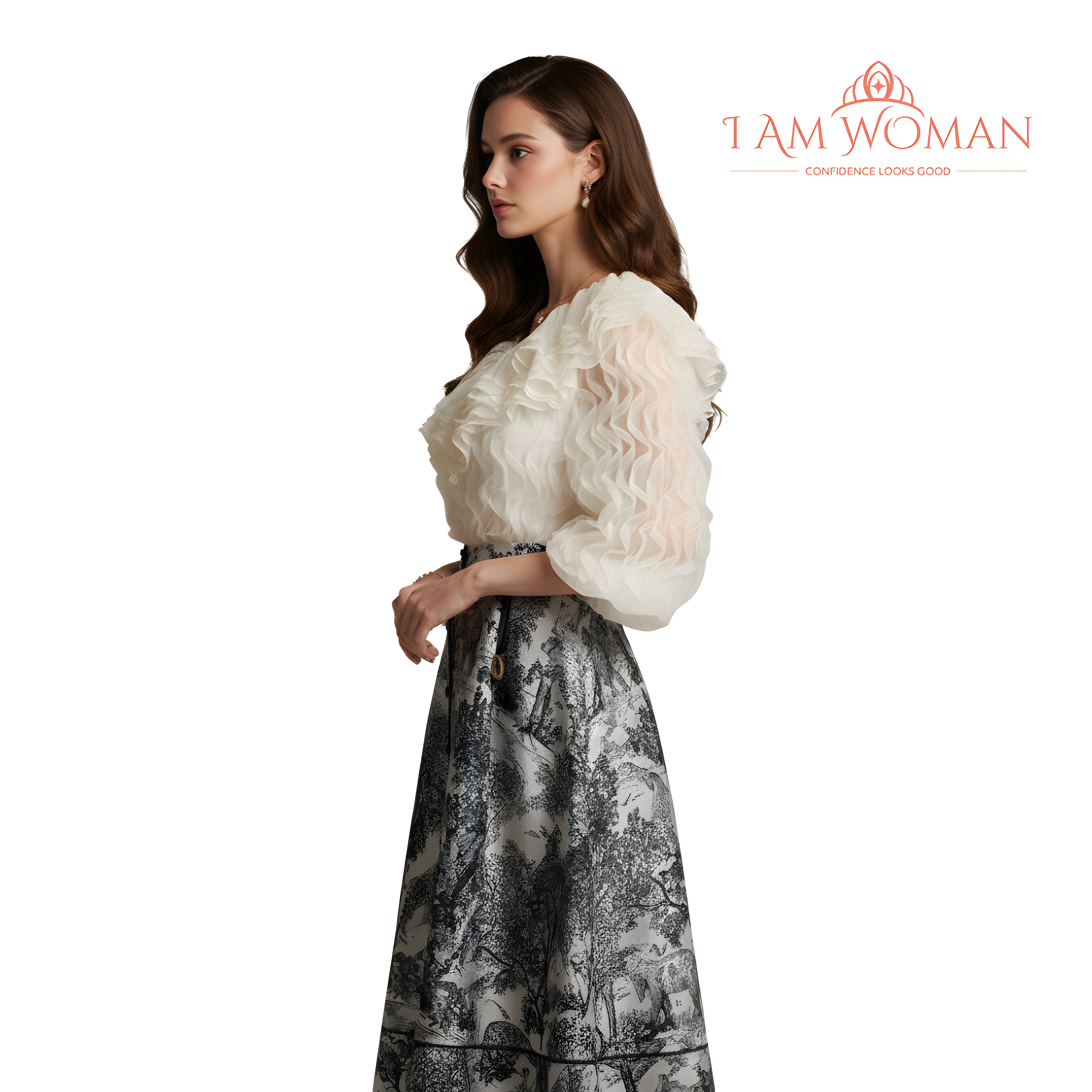 I Am Woman Off-White Button-Down Skirt with a Black and White Animal Print
