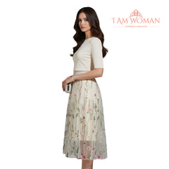 I Am Woman Off-White Floral Embroidered Tulle Skirt