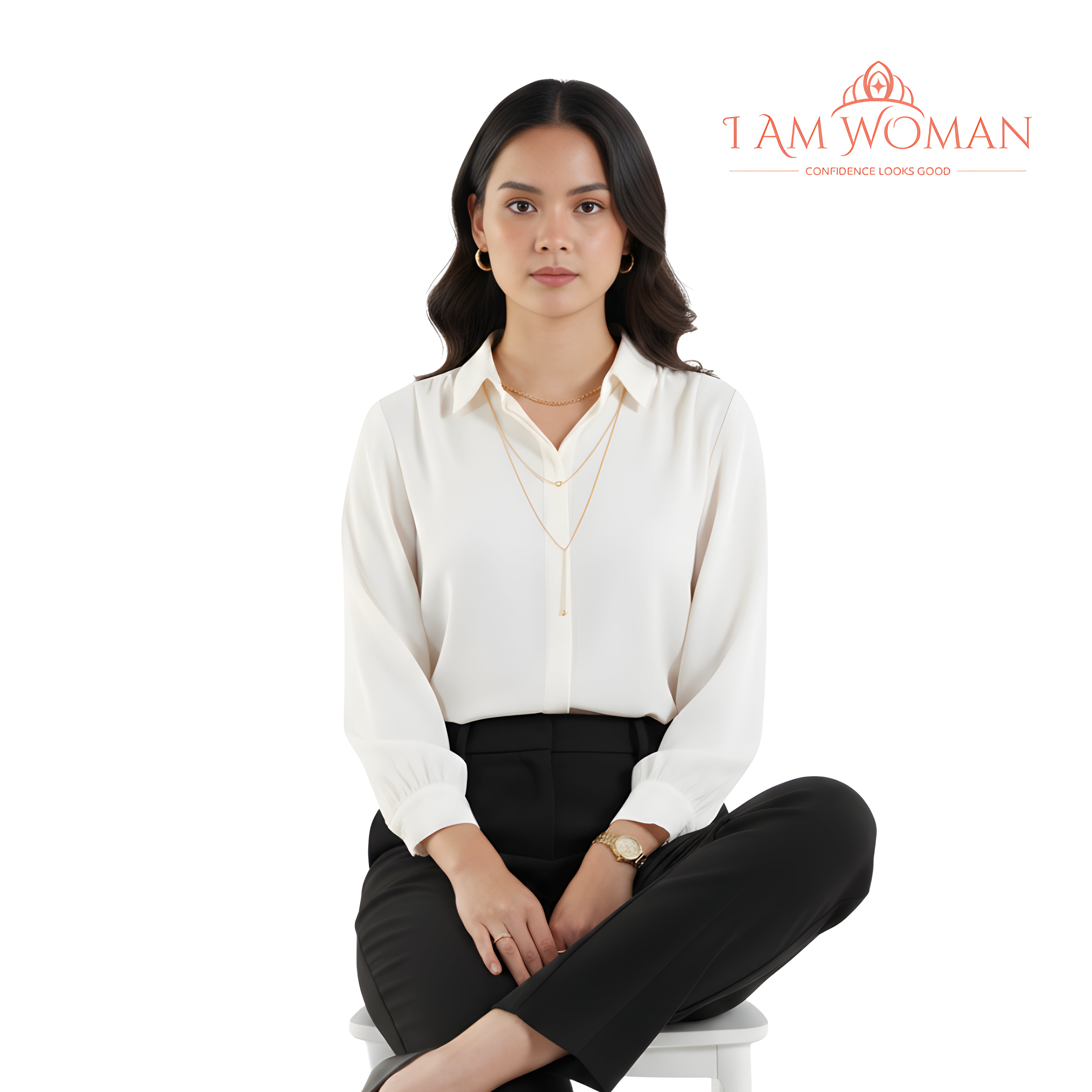 I Am Woman Off-White, Long Sleeve Blouse with Collar