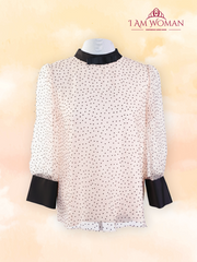 Light Beige Polka Dot Blouse With Black Bow