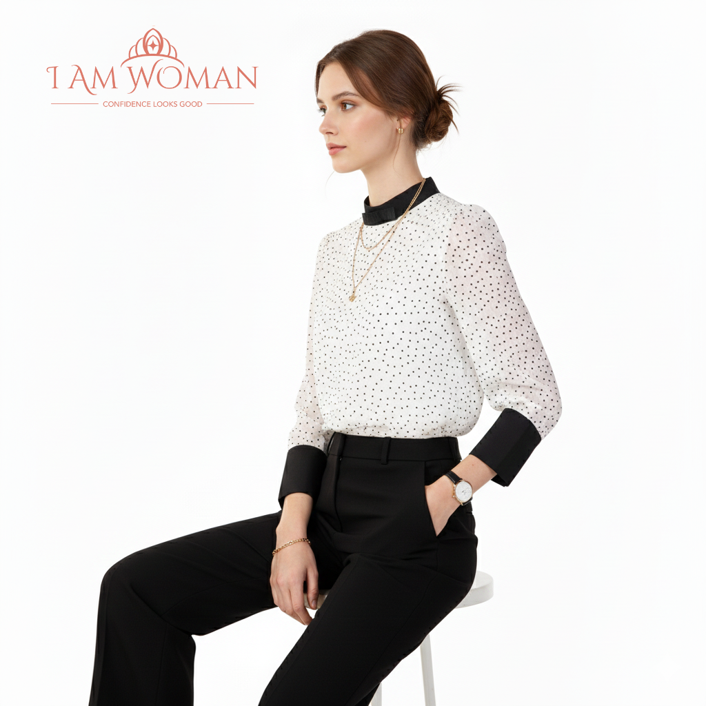 I Am Woman White Blouse with Black Collar and Polka Dots