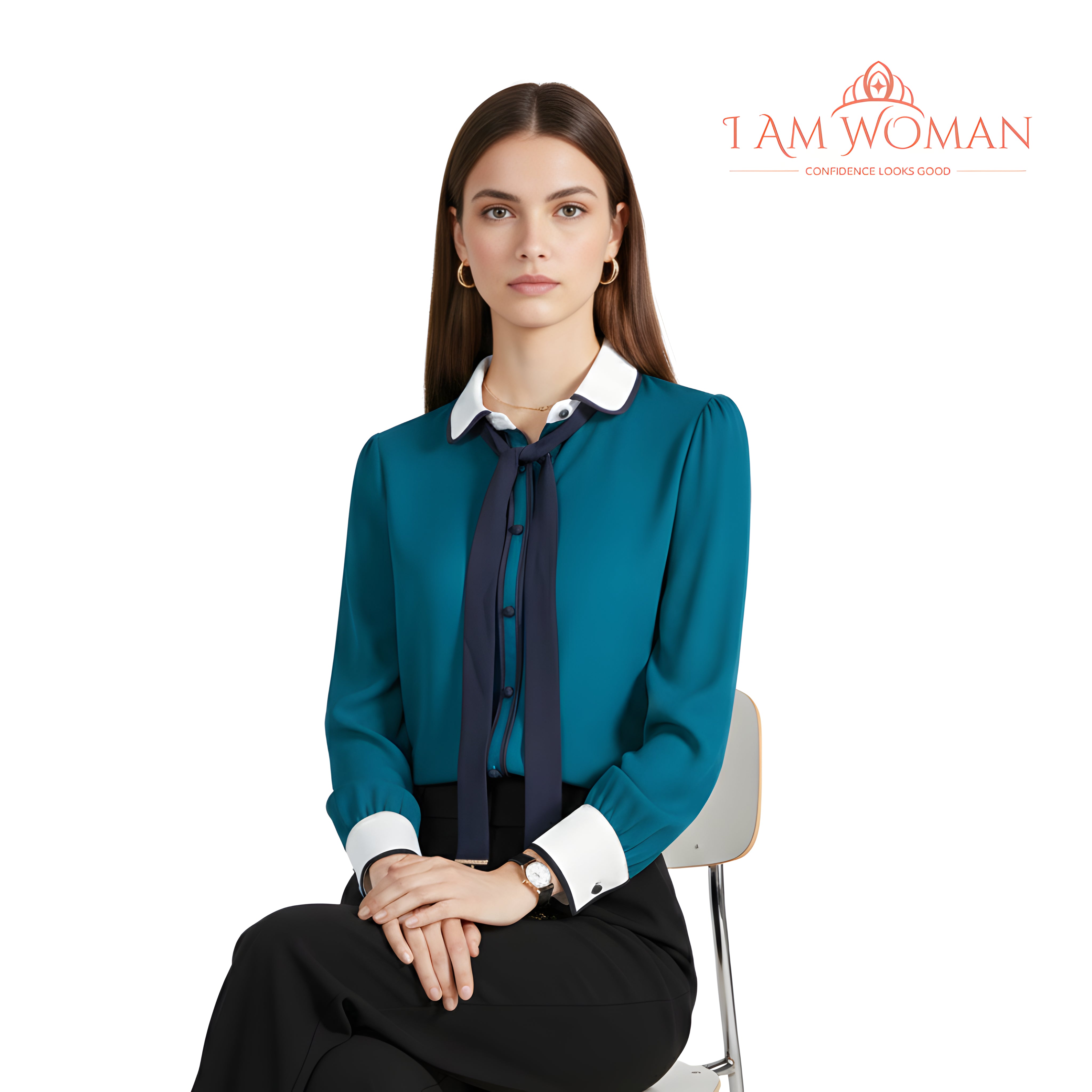 Emerald Green Blouse with Navy Necktie