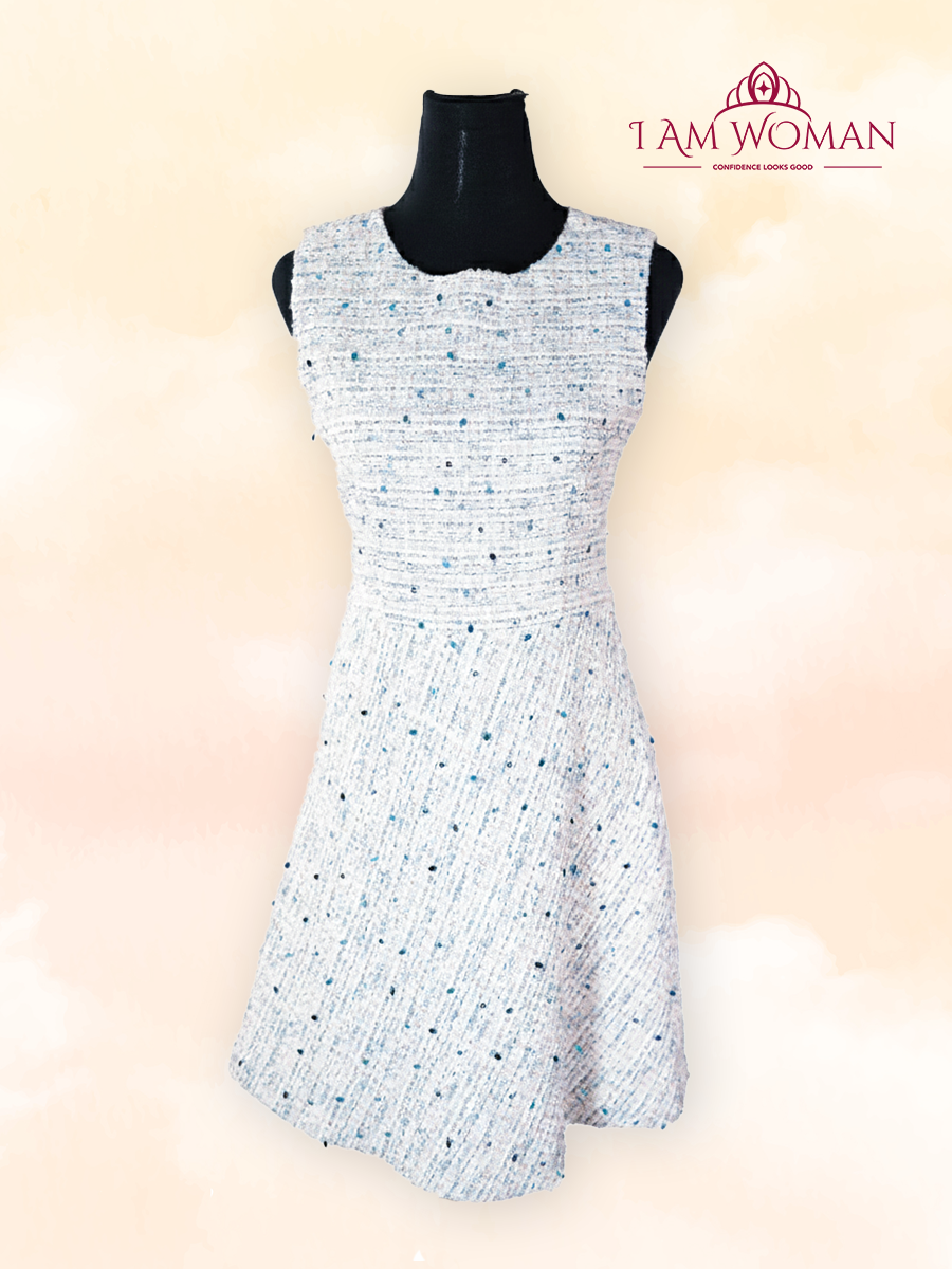 Sleeveless, light gray multi color tweed dress