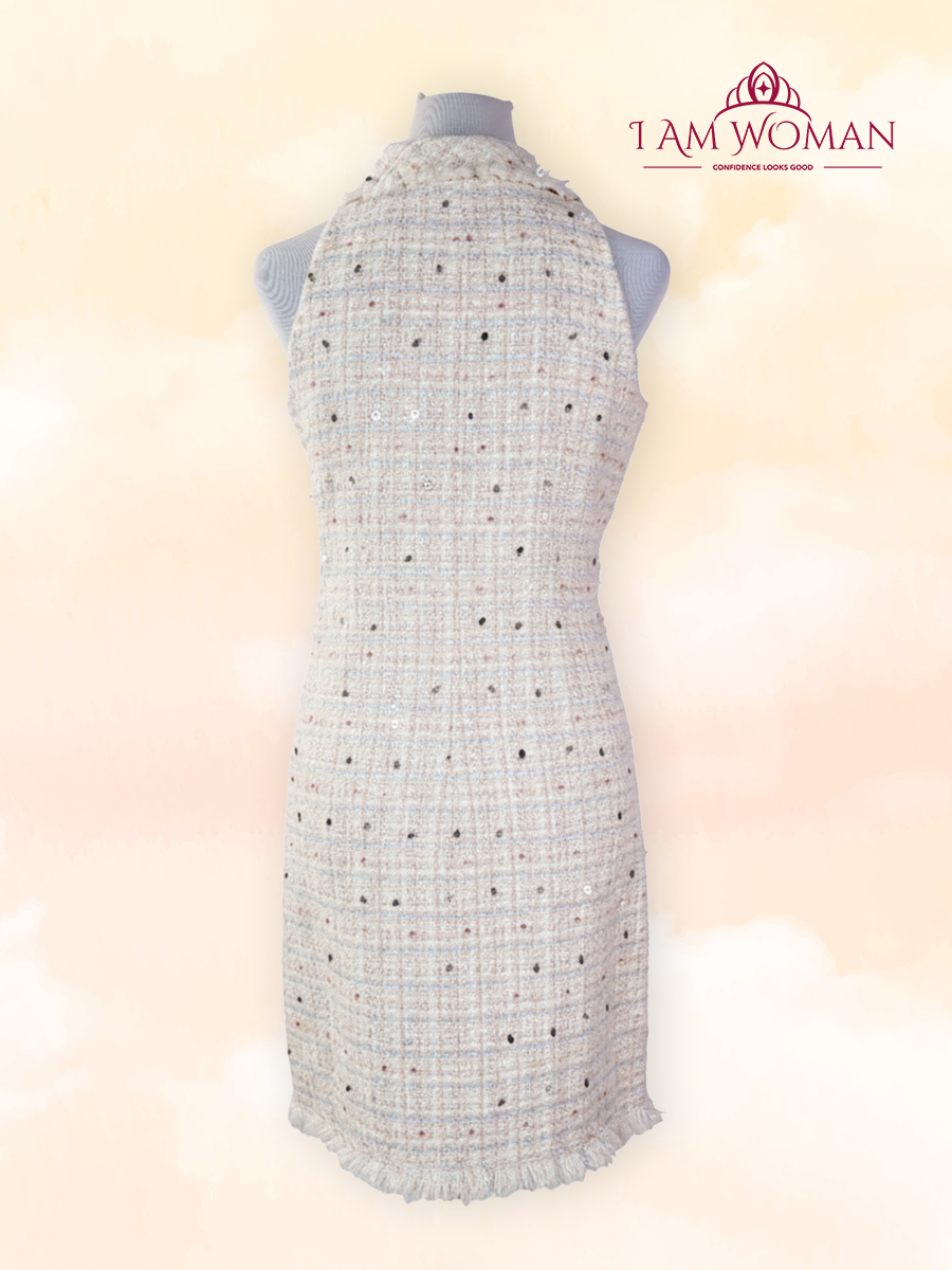 Beige tweed dress with embellished buttons
