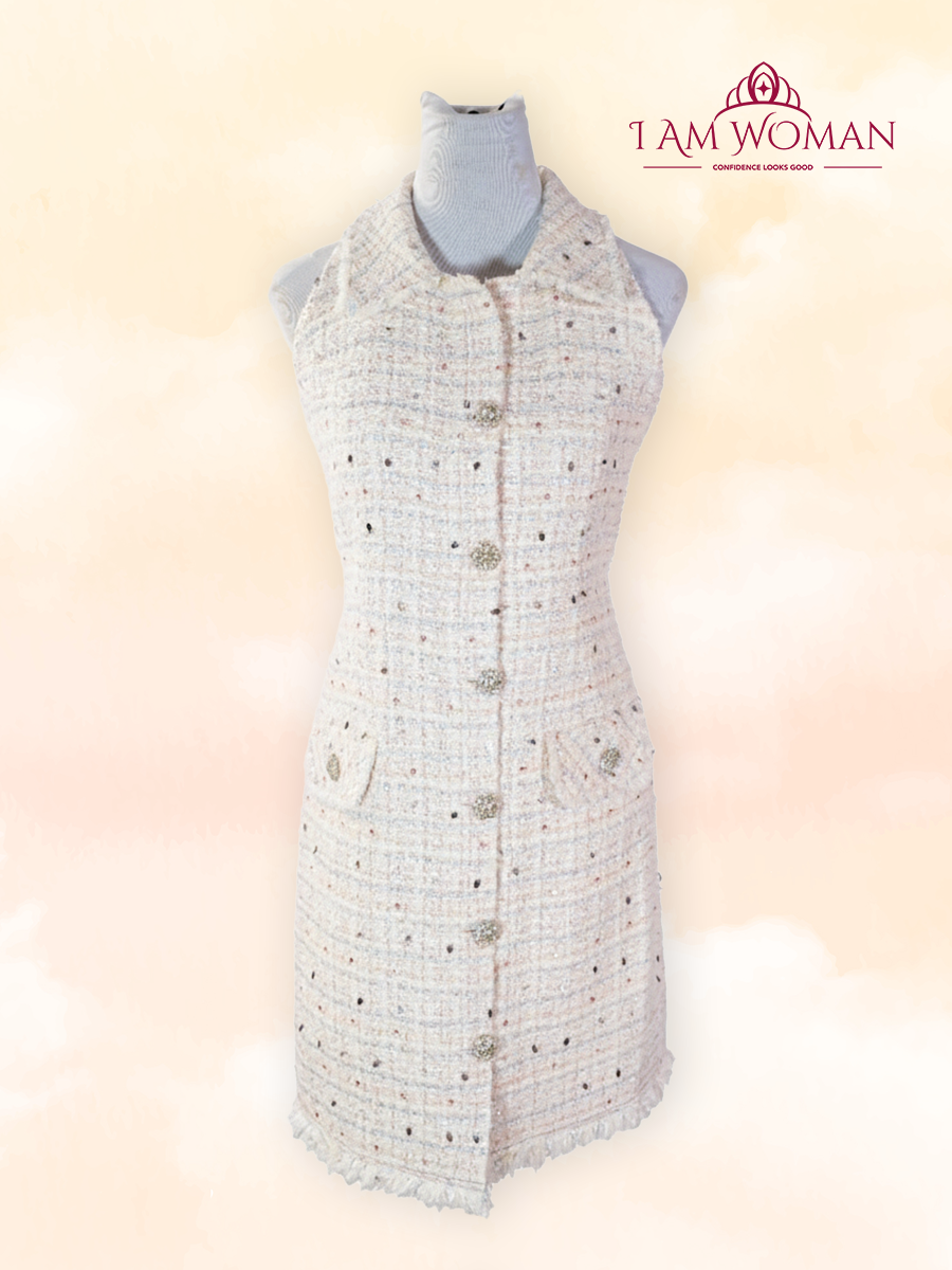 Beige tweed dress with embellished buttons