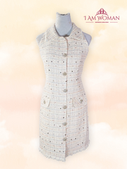Beige tweed dress with embellished buttons