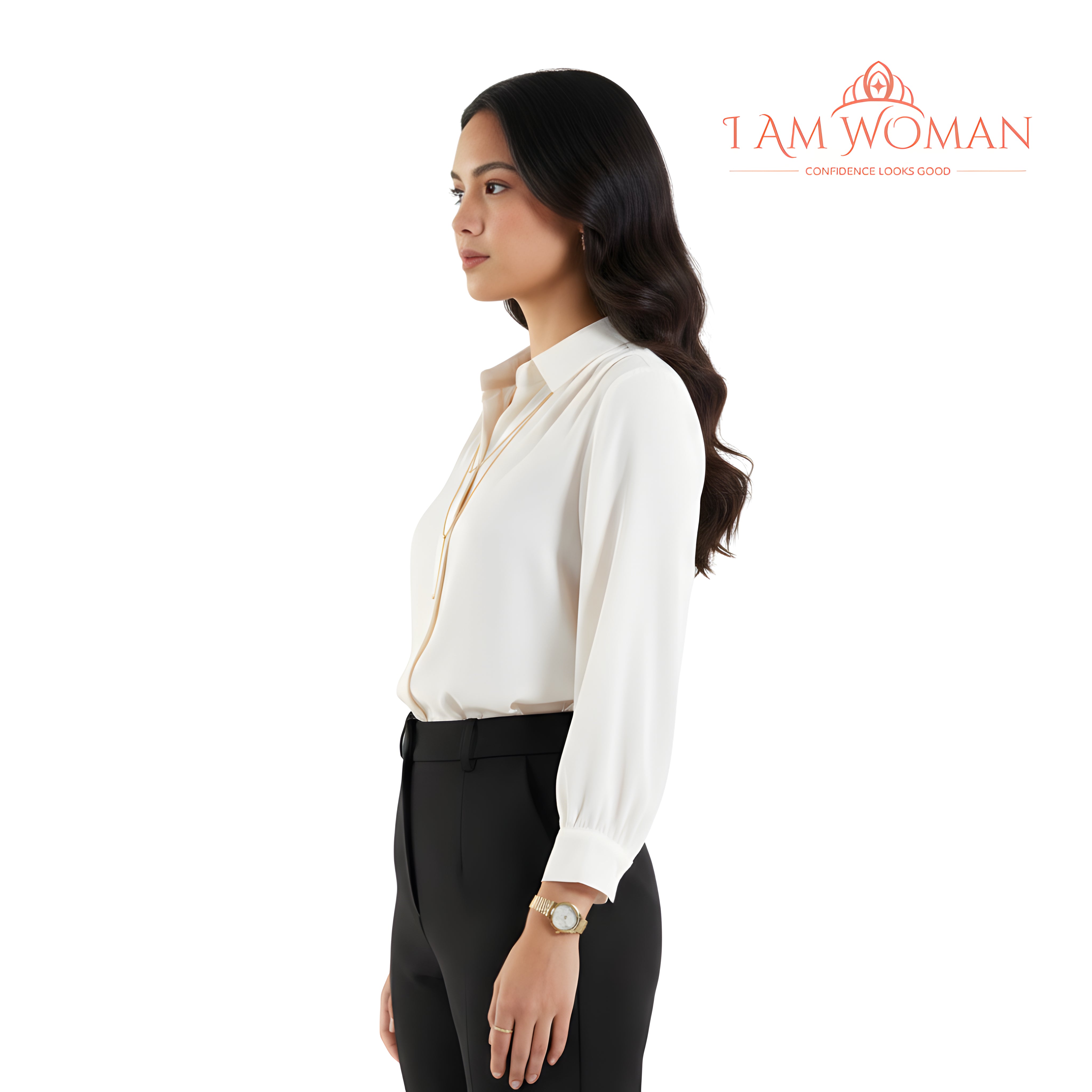 I Am Woman Off-White, Long Sleeve Blouse with Collar