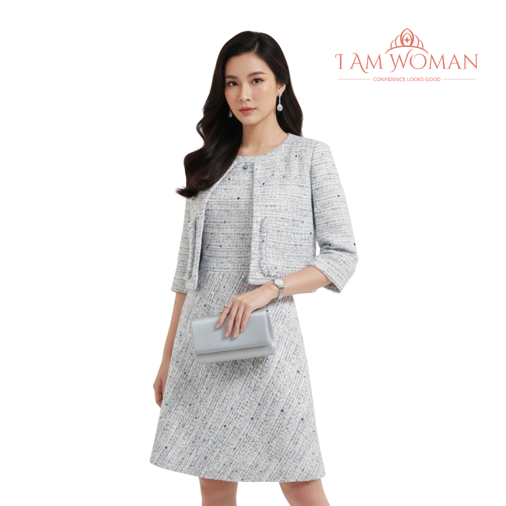 I Am Woman Gray Multi Colored Sequined Tweed Cropped Jacket