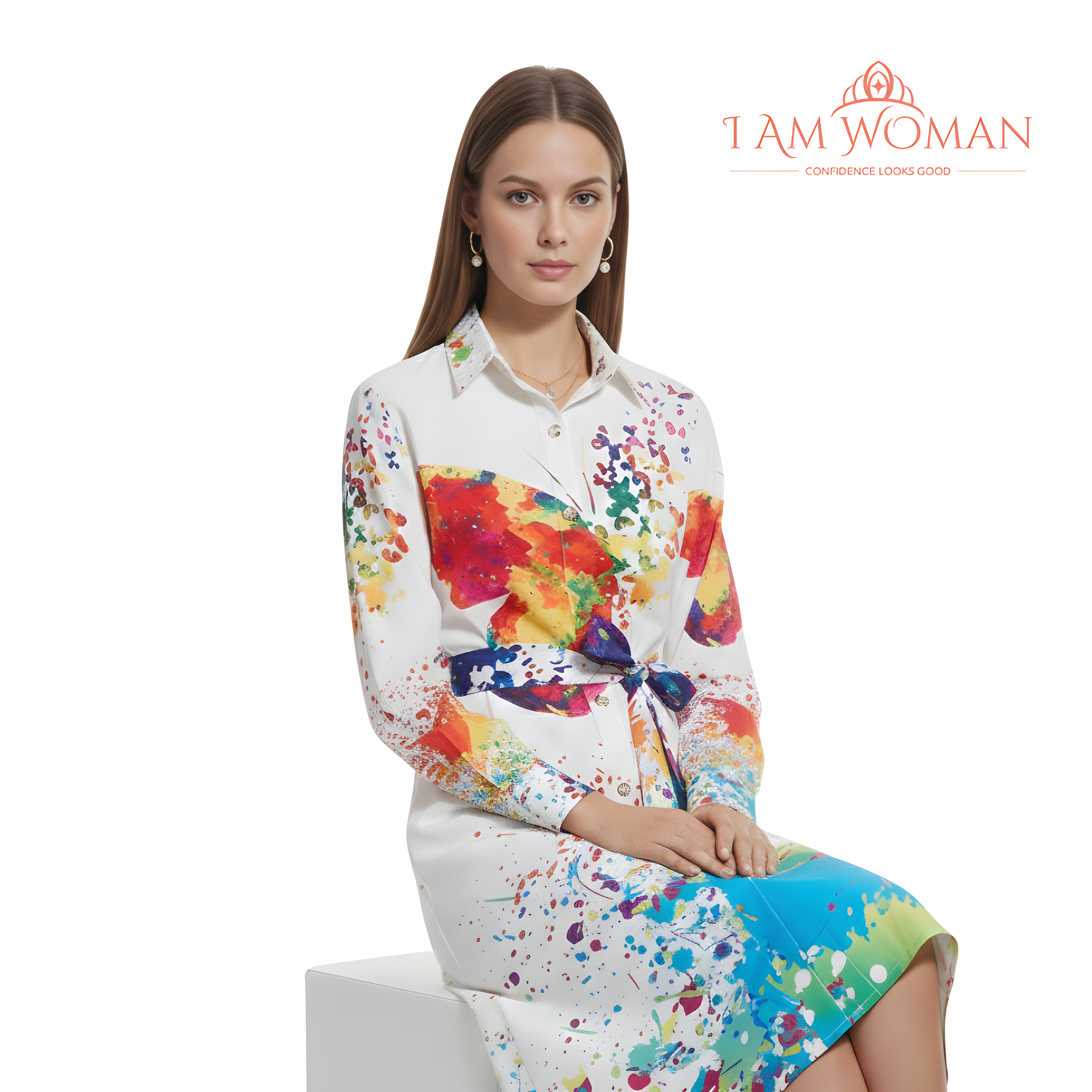 I Am Woman White, Rainbow Splatter Paint, Butterfly Print Shirt
