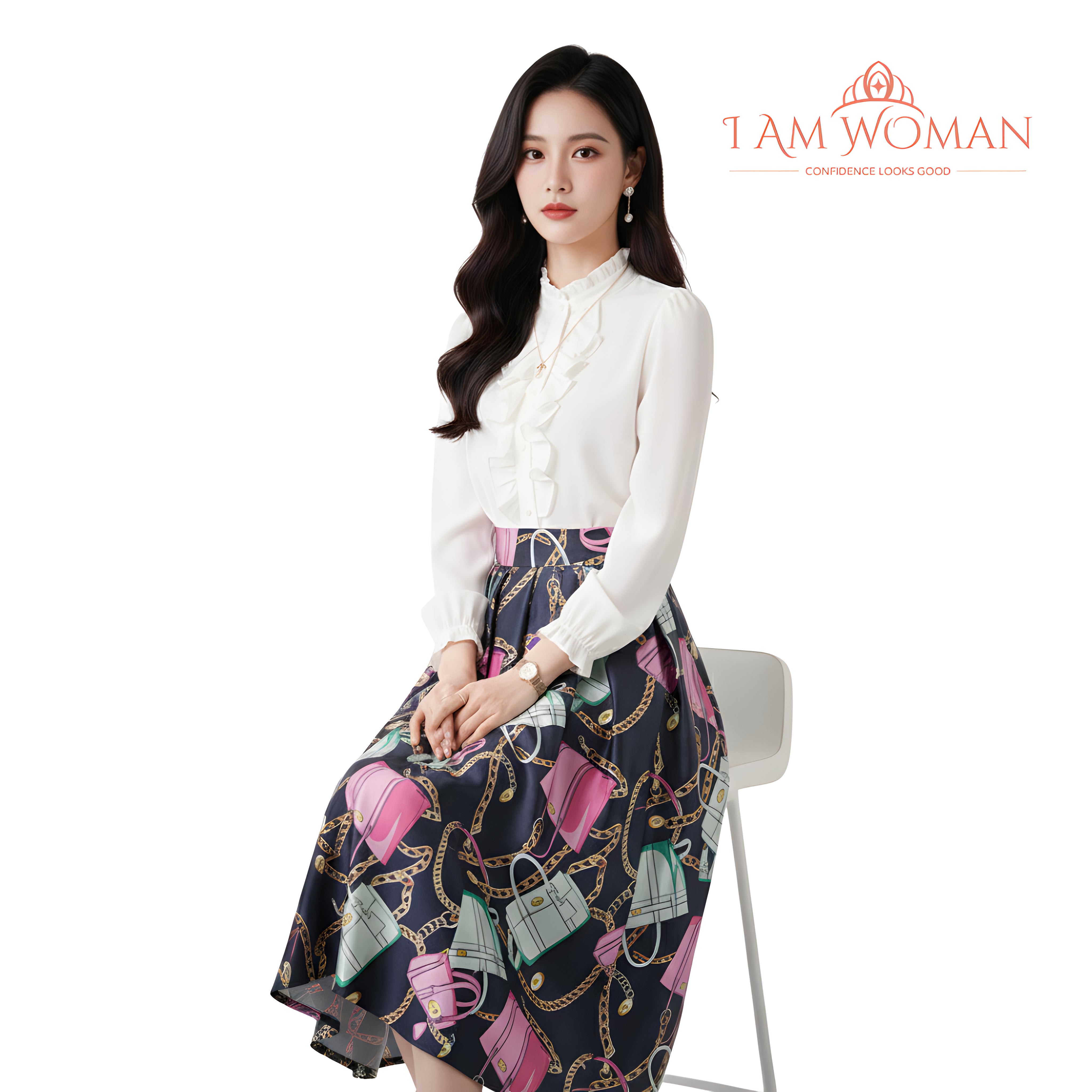 I Am Woman Black Pink Pleated Skirt with Handbag Print
