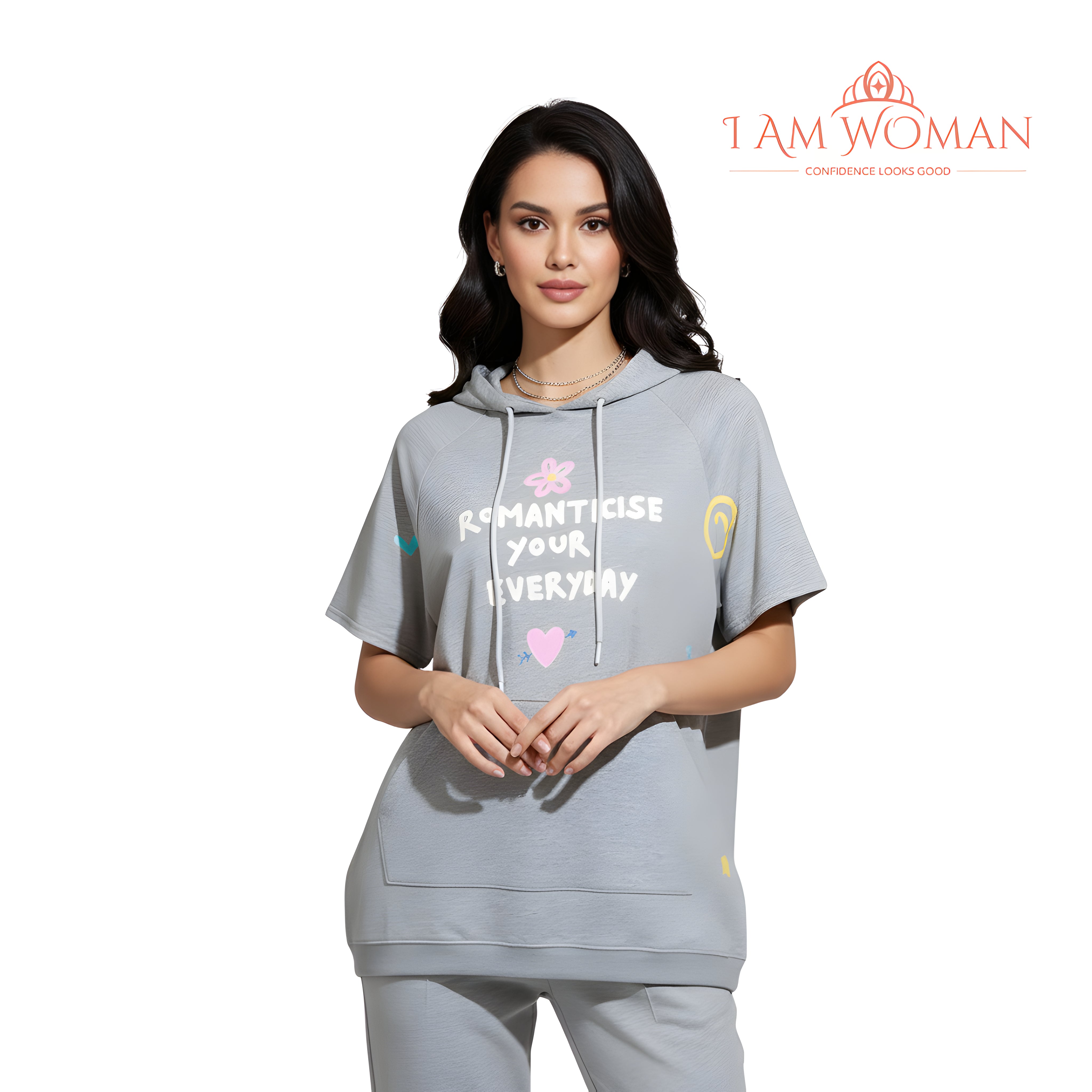 I Am Woman Gray "Romanticise Your Everyday" Short-Sleeve Hoodie