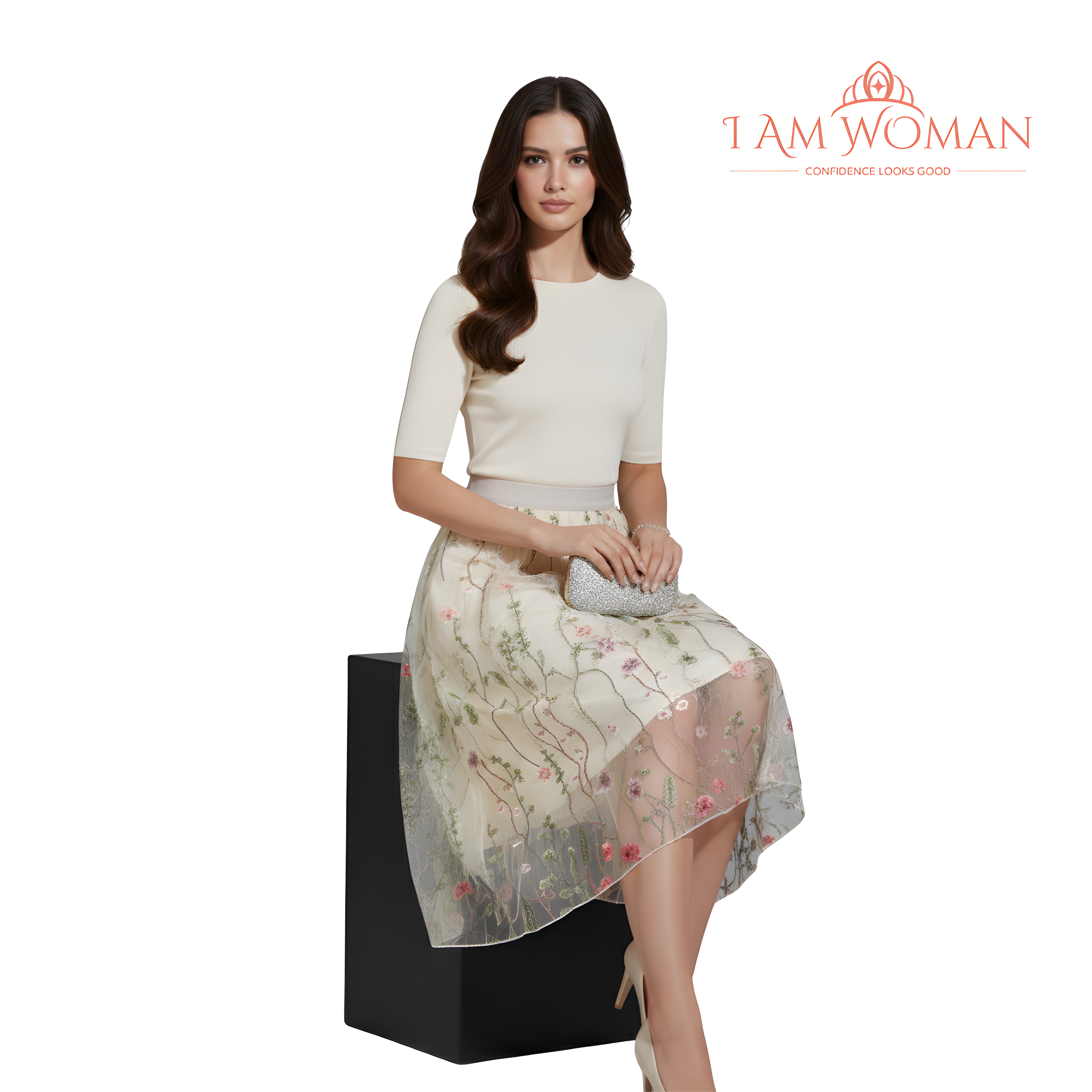 I Am Woman Off-White Floral Embroidered Tulle Skirt