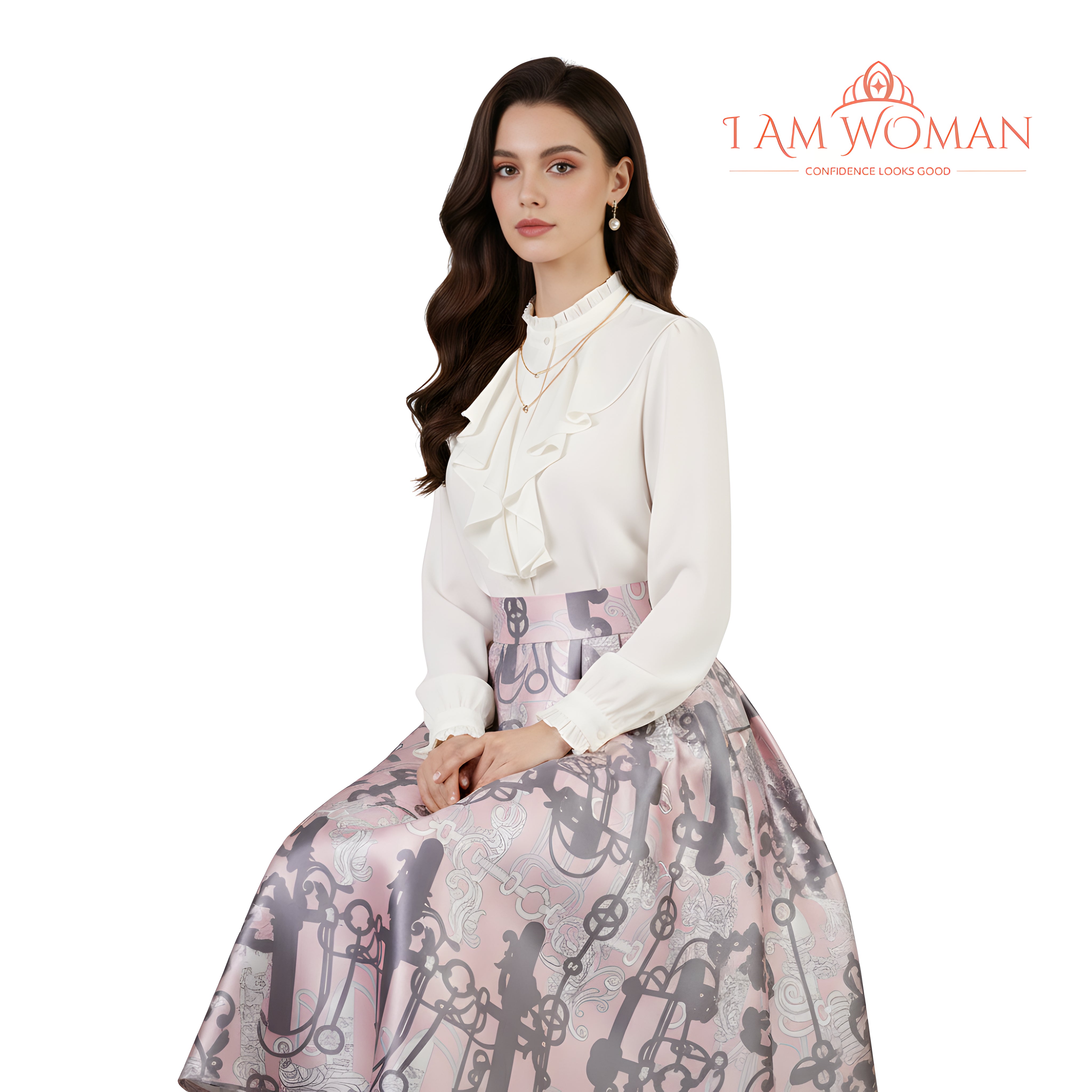 I Am Woman Pink Pleated Skirt with Black Pattern