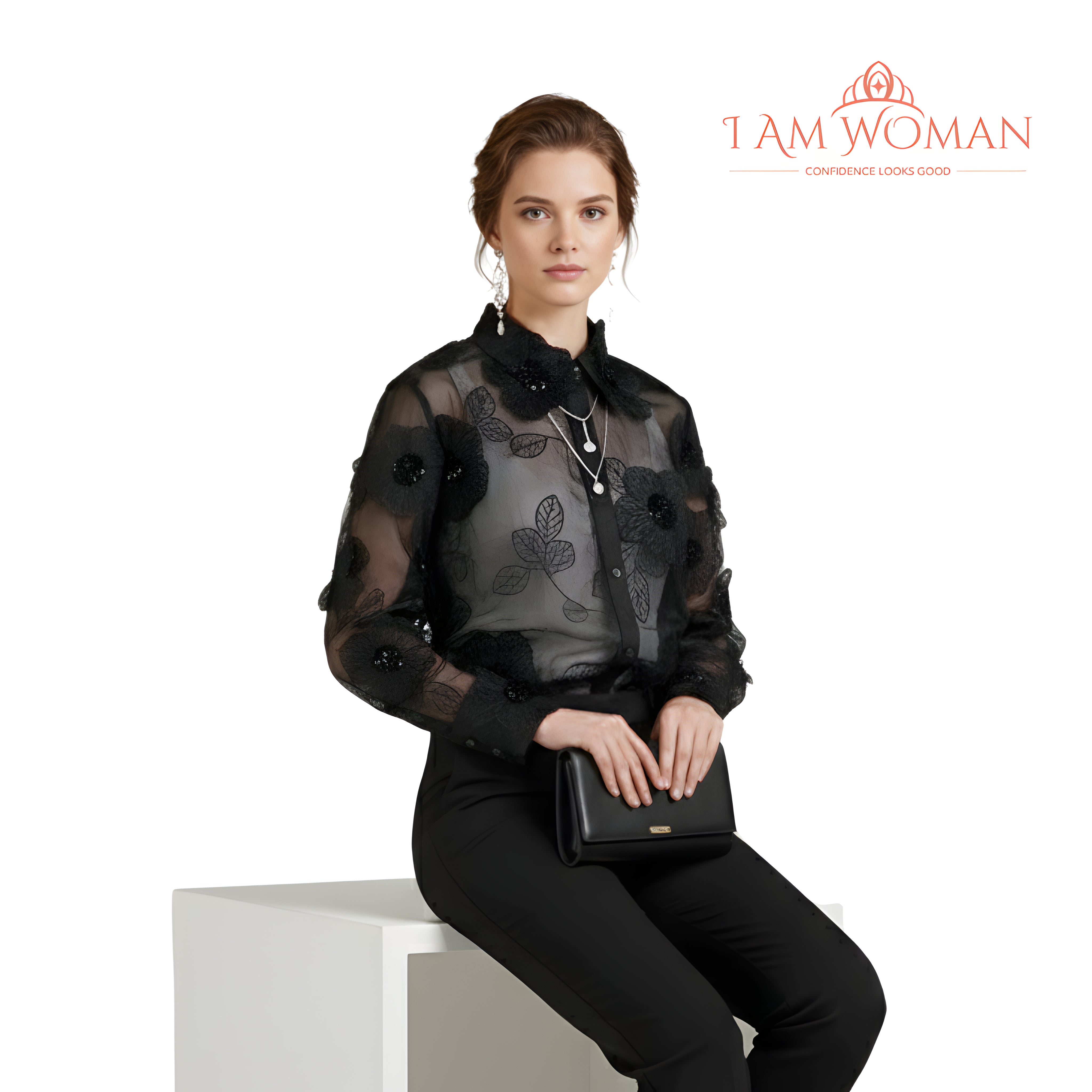 I Am Woman Black, Beaded Floral Ornament Top