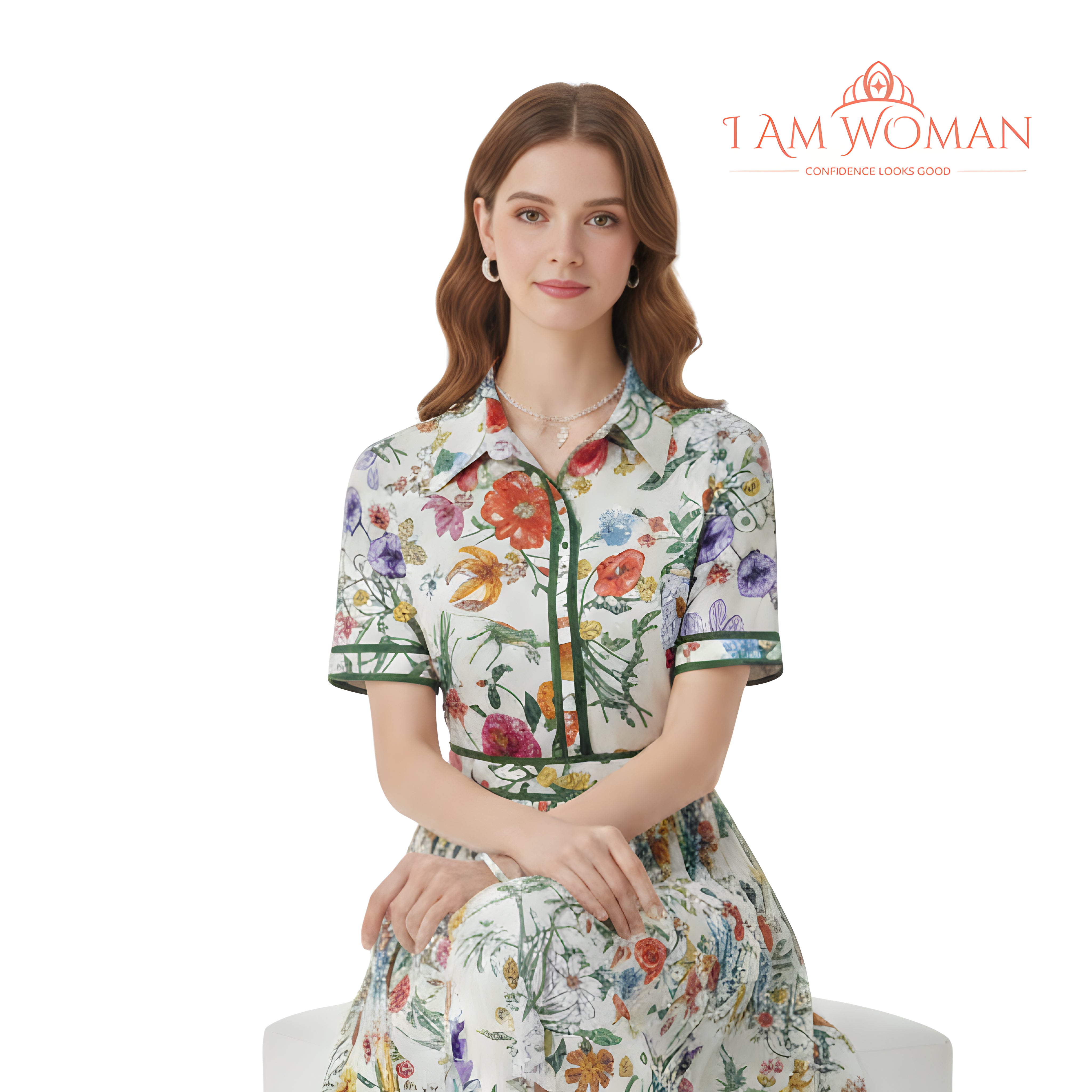 I Am Woman White Floral Print, Pleated Midi Dress