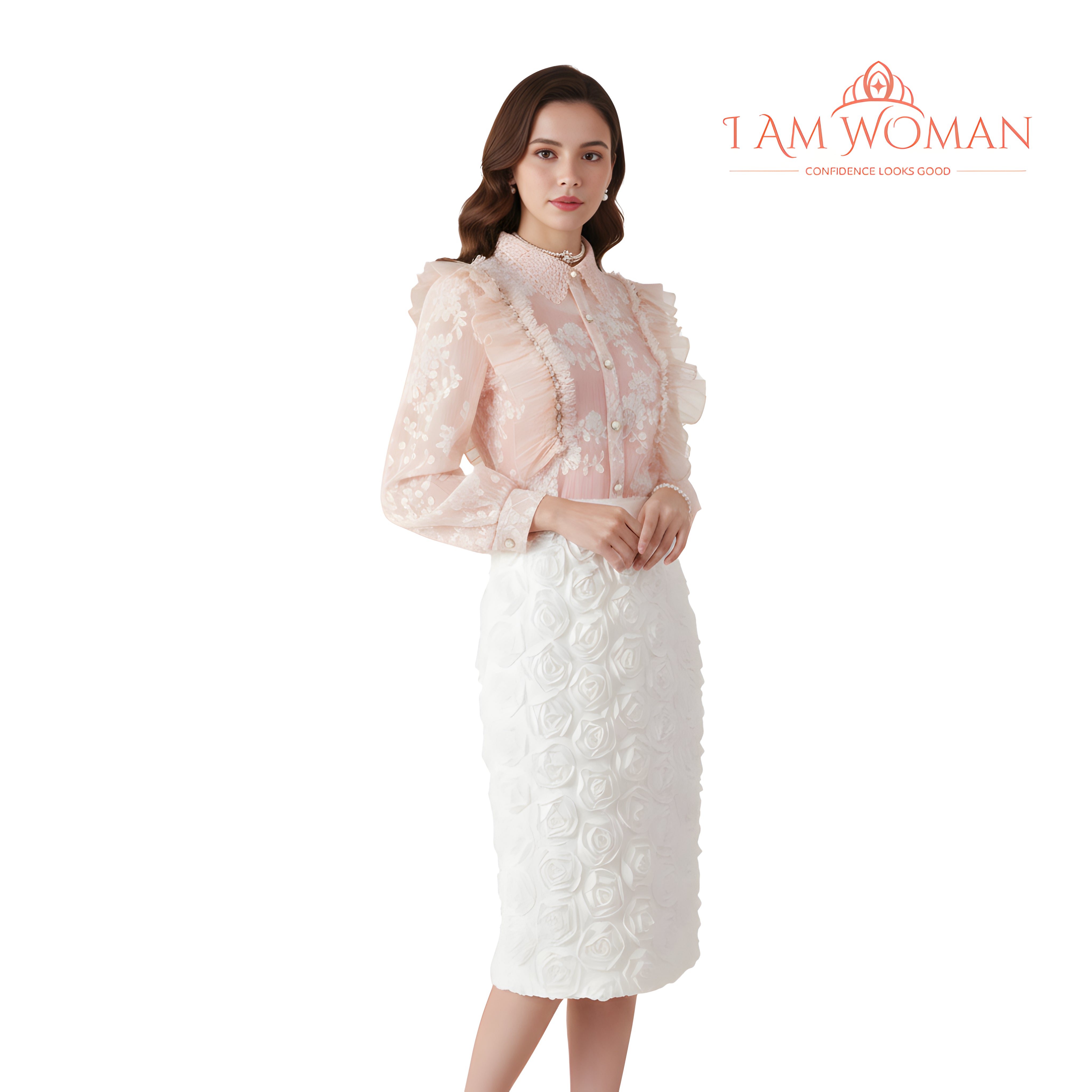 I Am Woman Blush Pink Sheer Lace Ruffled Blouse