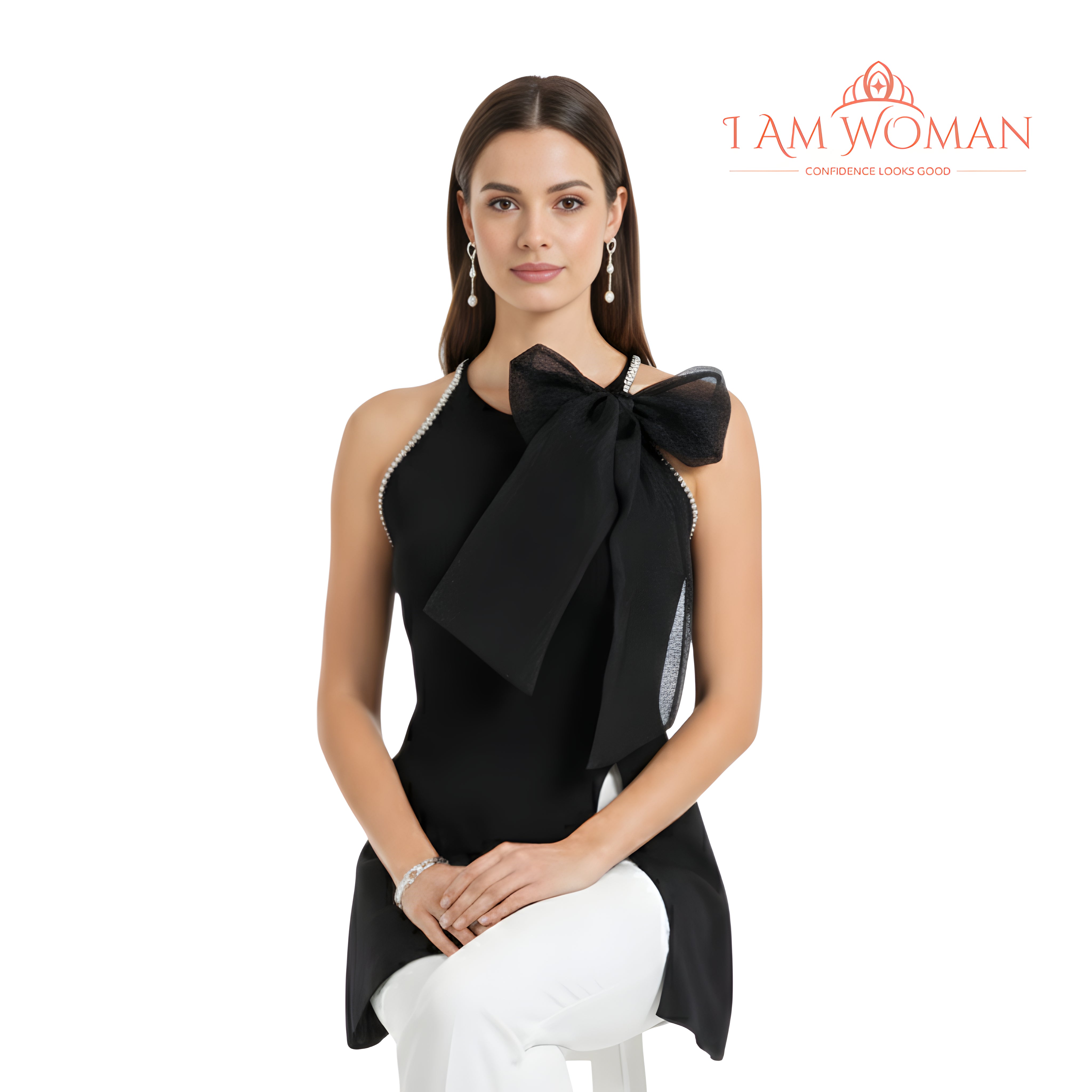 I Am Woman Black Embellished Halter Mini-Dress