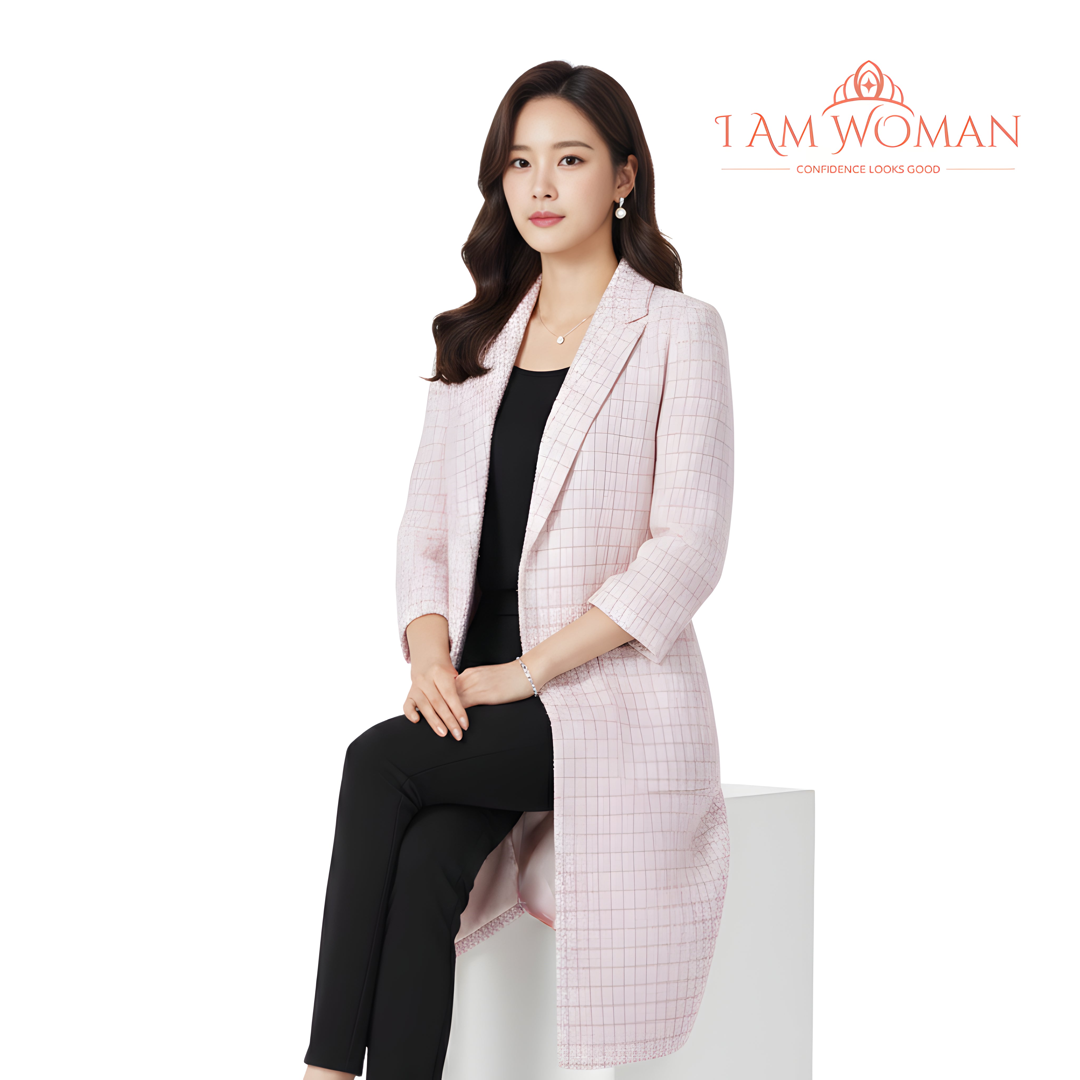 I Am Woman Pink Tweed Long Coat with Pockets