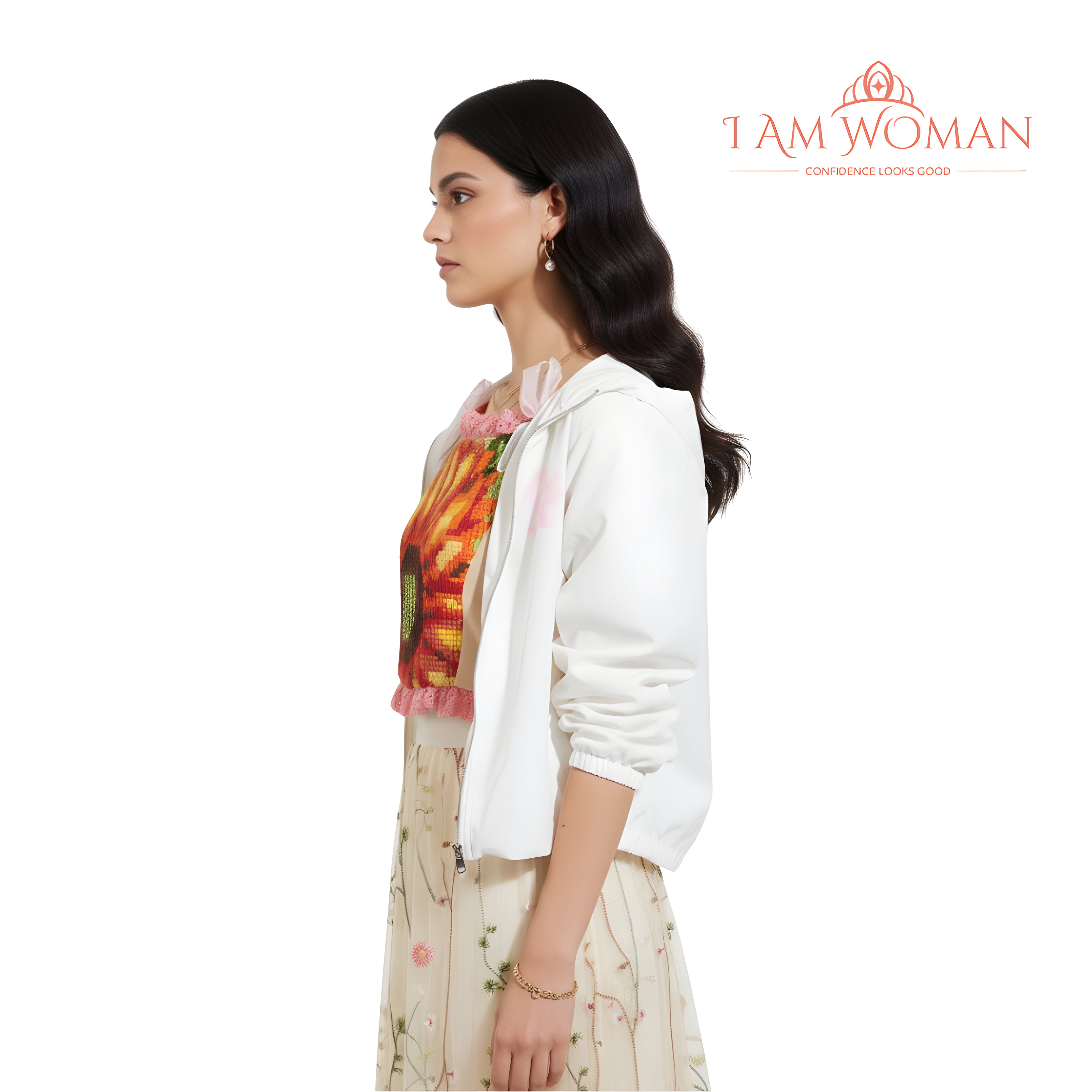 I Am Woman White Cropped Zip-Up Jacket