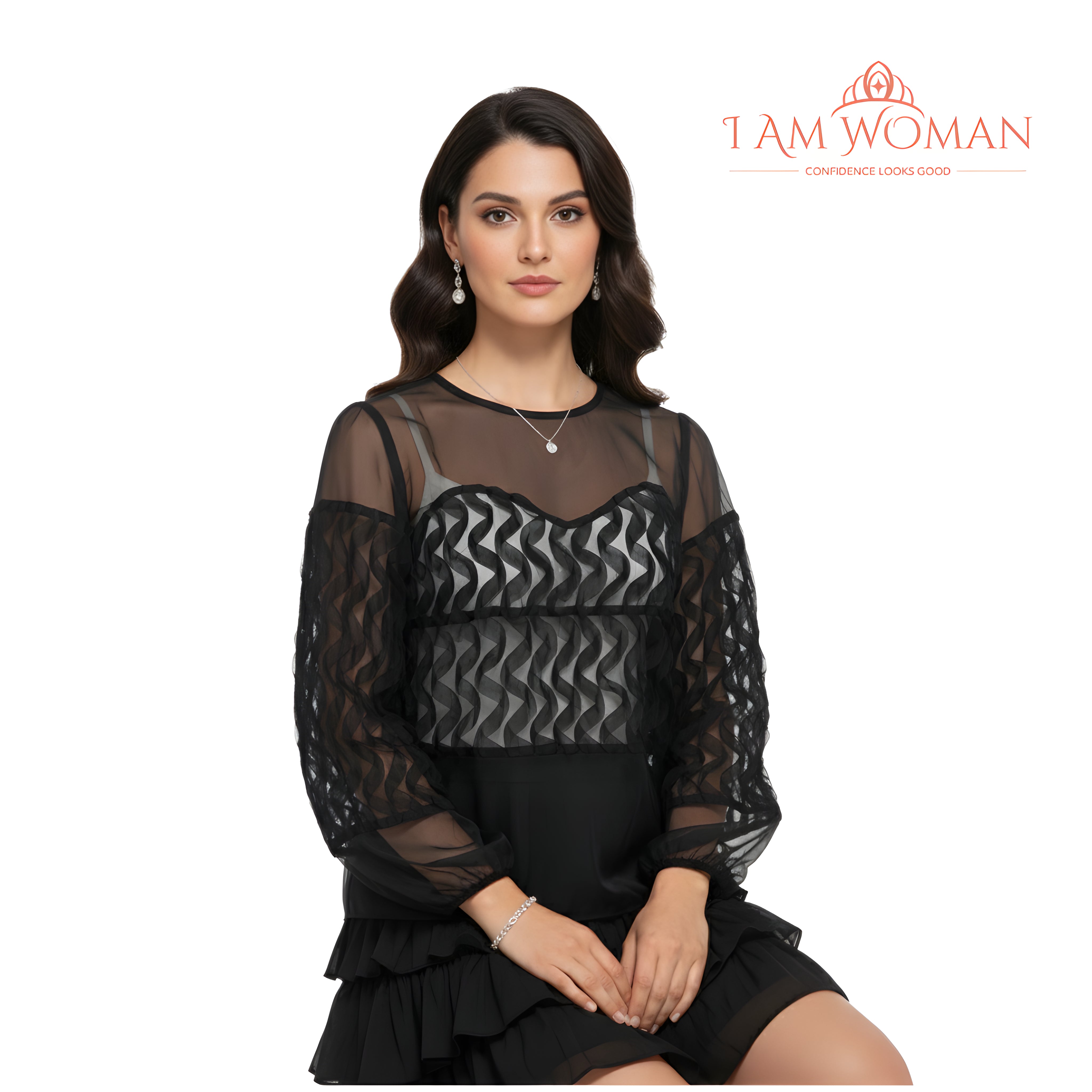 I Am Woman Black Sheer Blouse with 3D Floral Accents