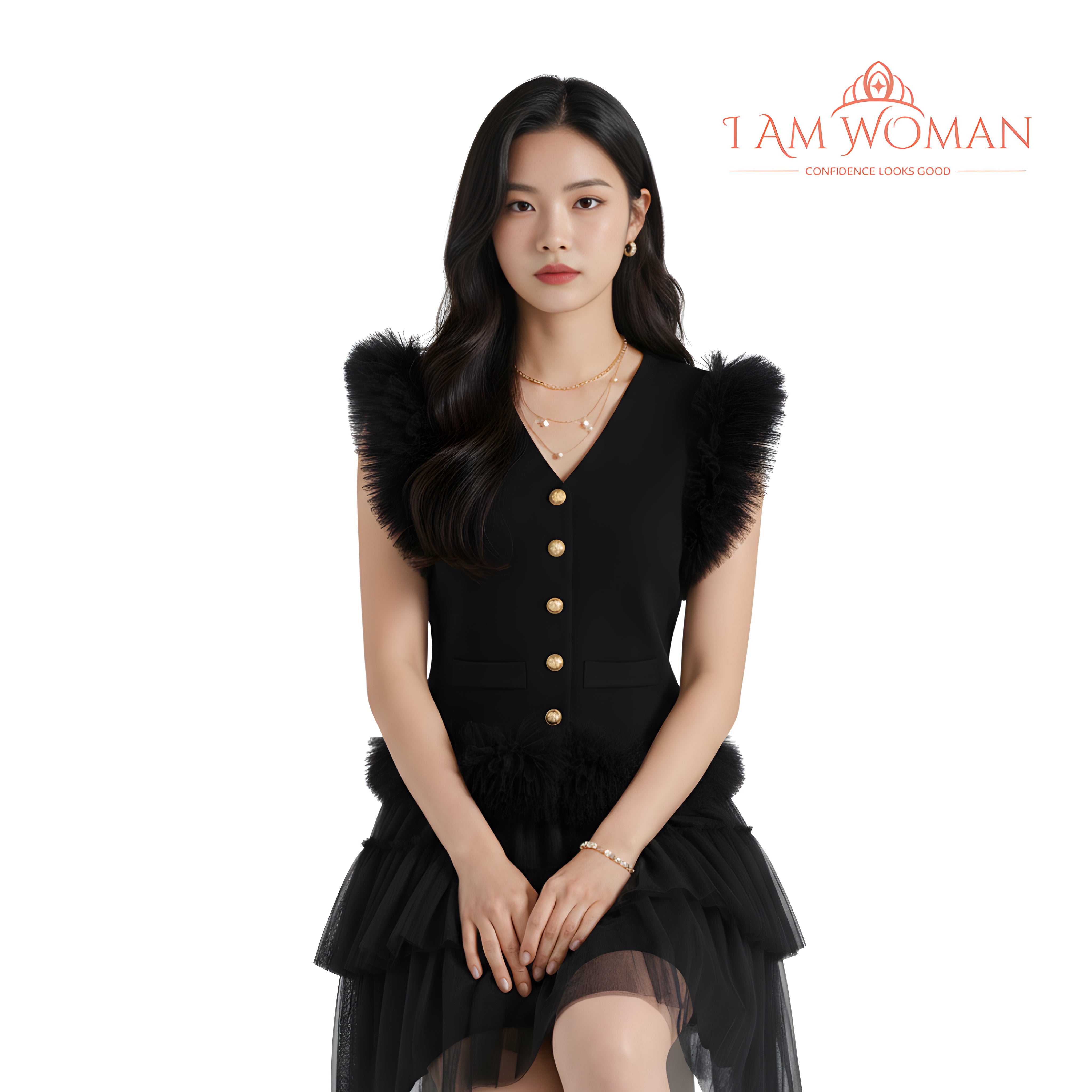 I Am Woman Black, Button-Down, Short-Sleeve Top with Ruffles