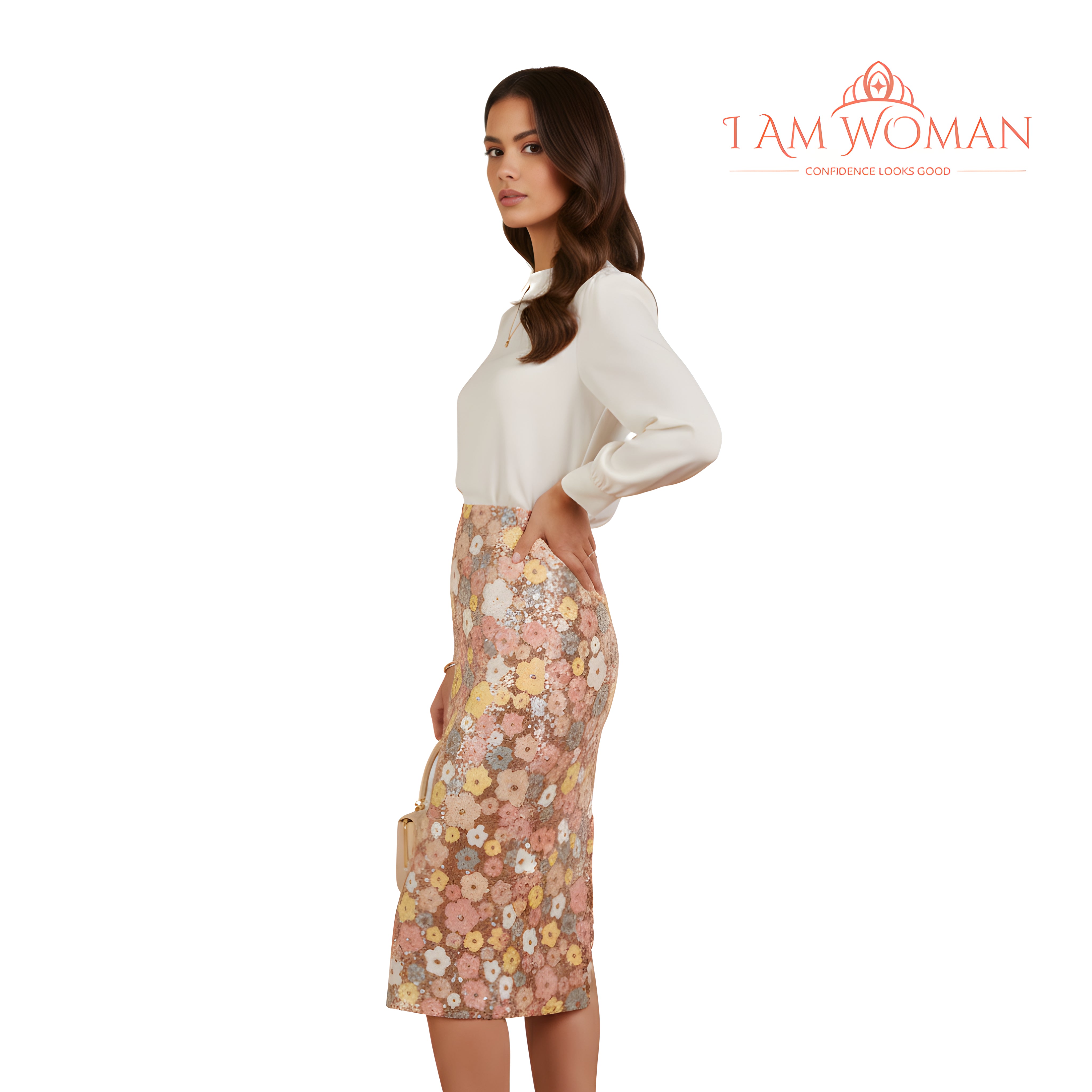I Am Woman Multicolor Sequin Floral Pattern Pencil Skirt