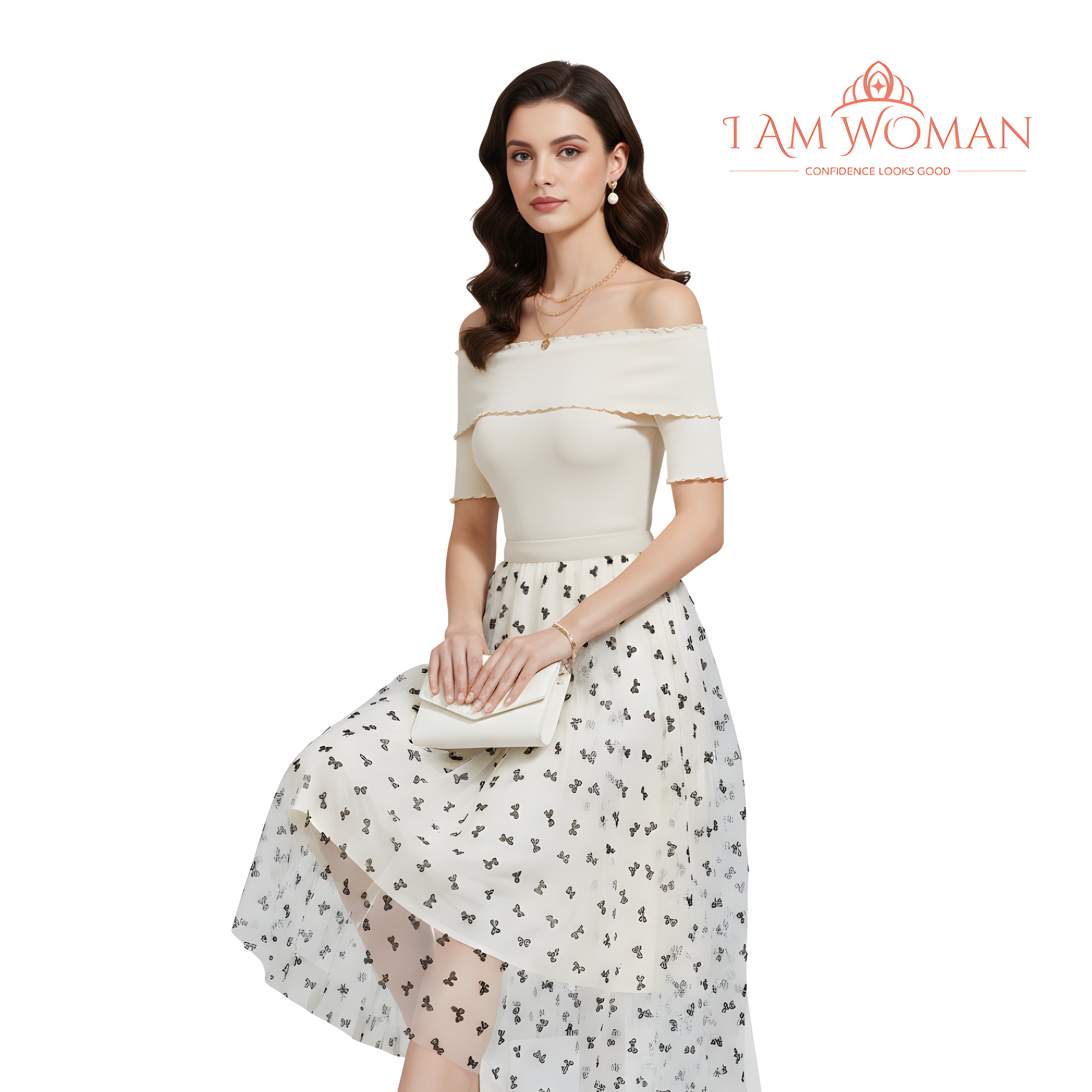 I Am Woman Off-White Tulle Skirt with Black Bows Print