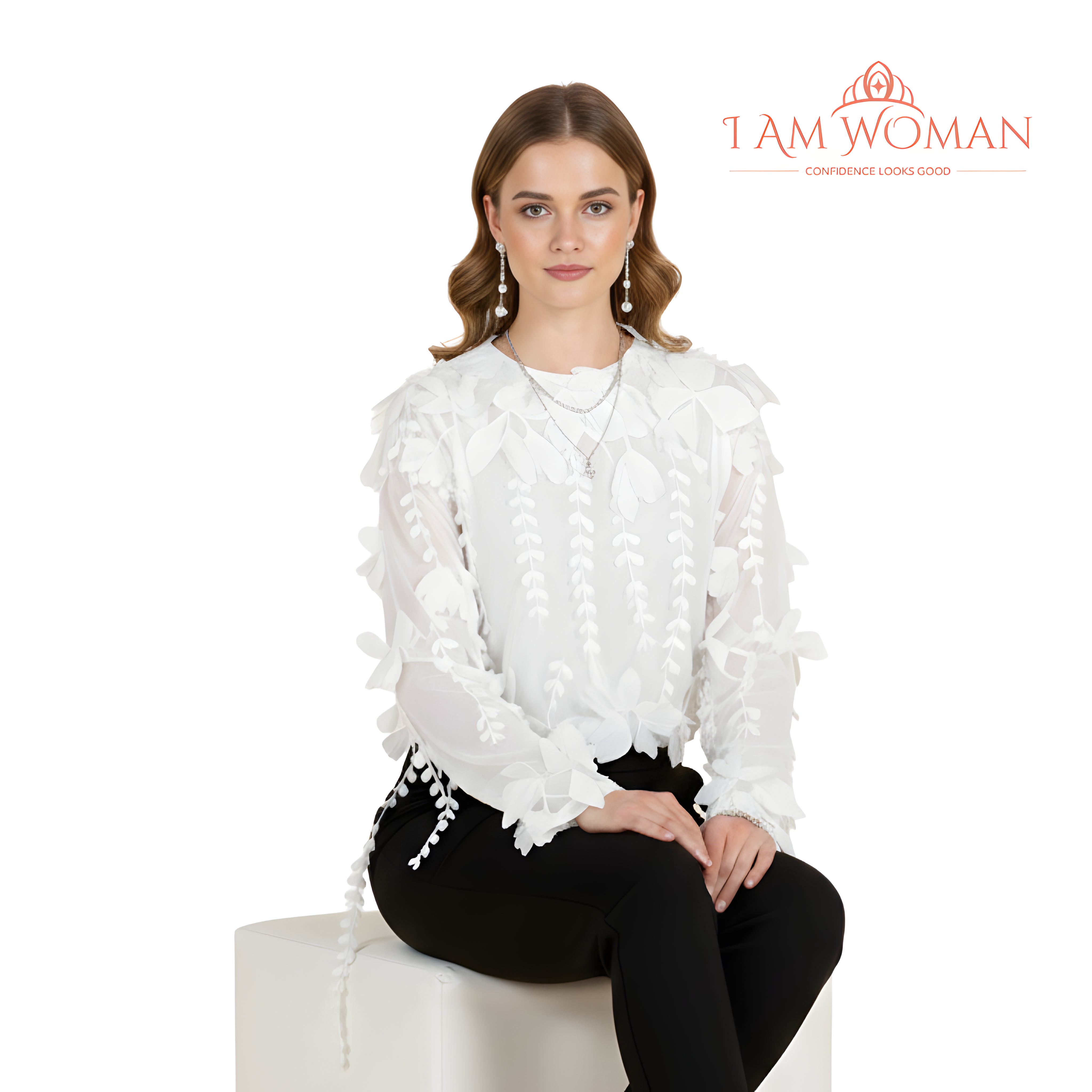 I Am Woman White, Floral Appliqué, Long-Sleeve Top.