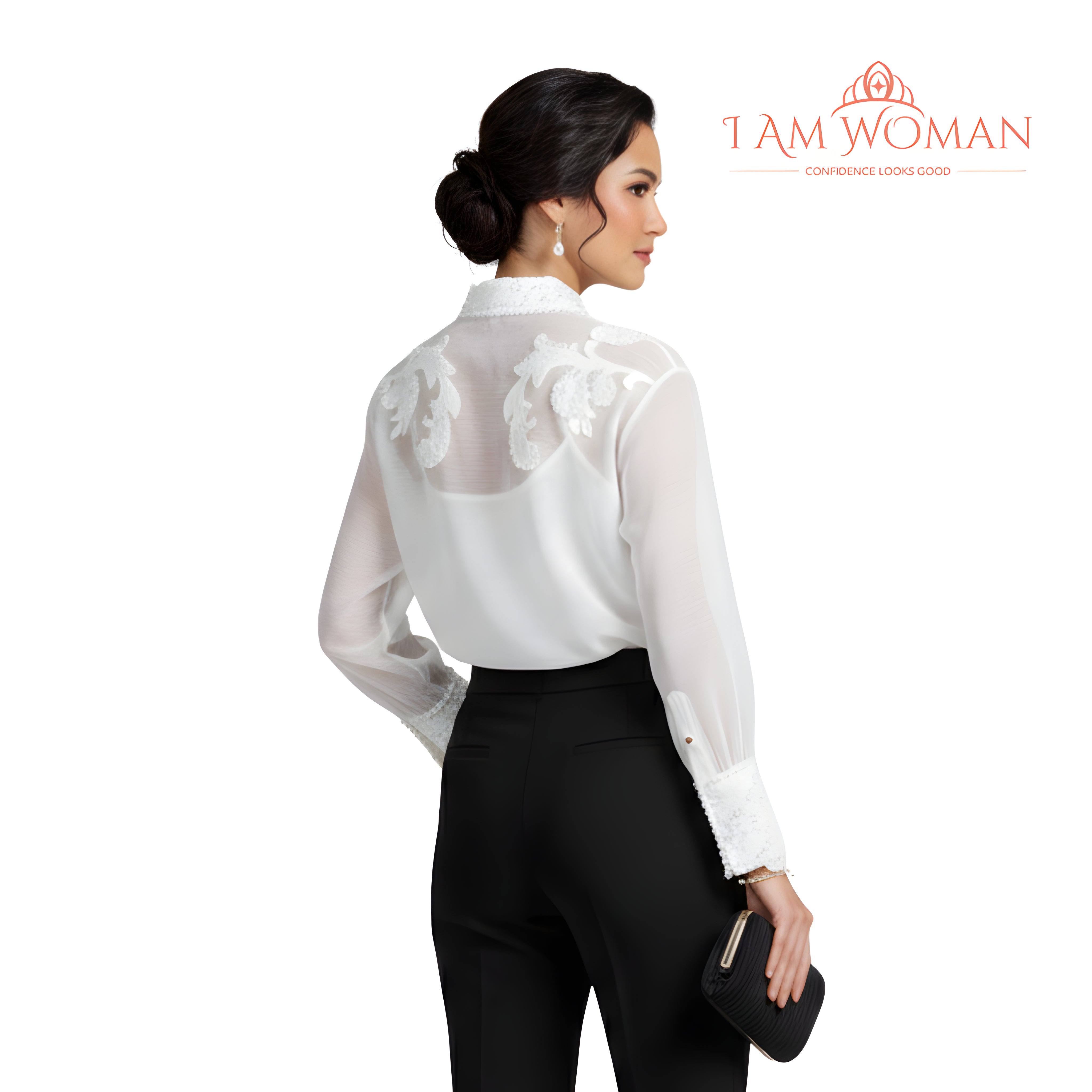 I Am Woman White, Pearl-Embellished, Sheer Blouse