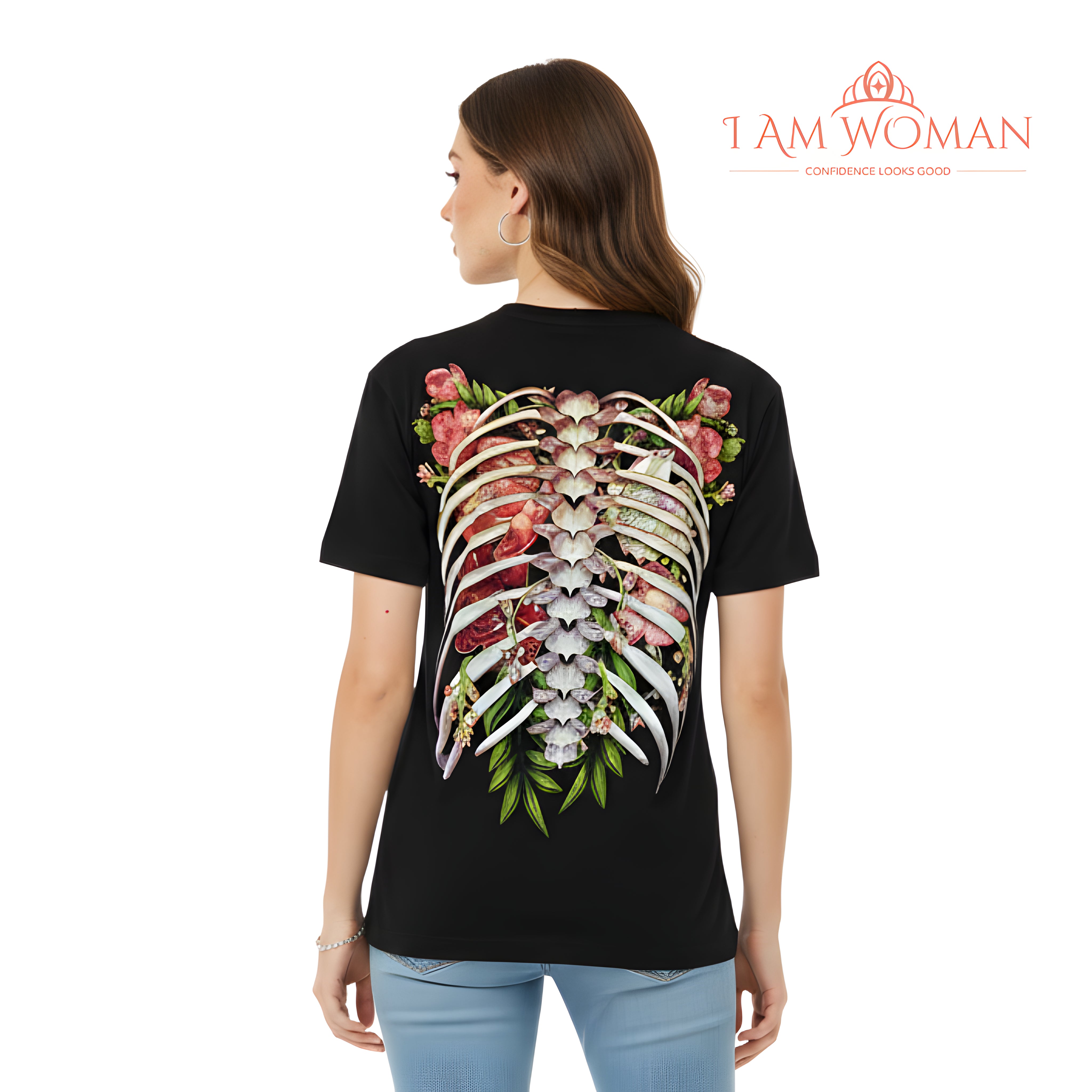 I Am Woman Black, Embroidered Floral and Hummingbird Shirt