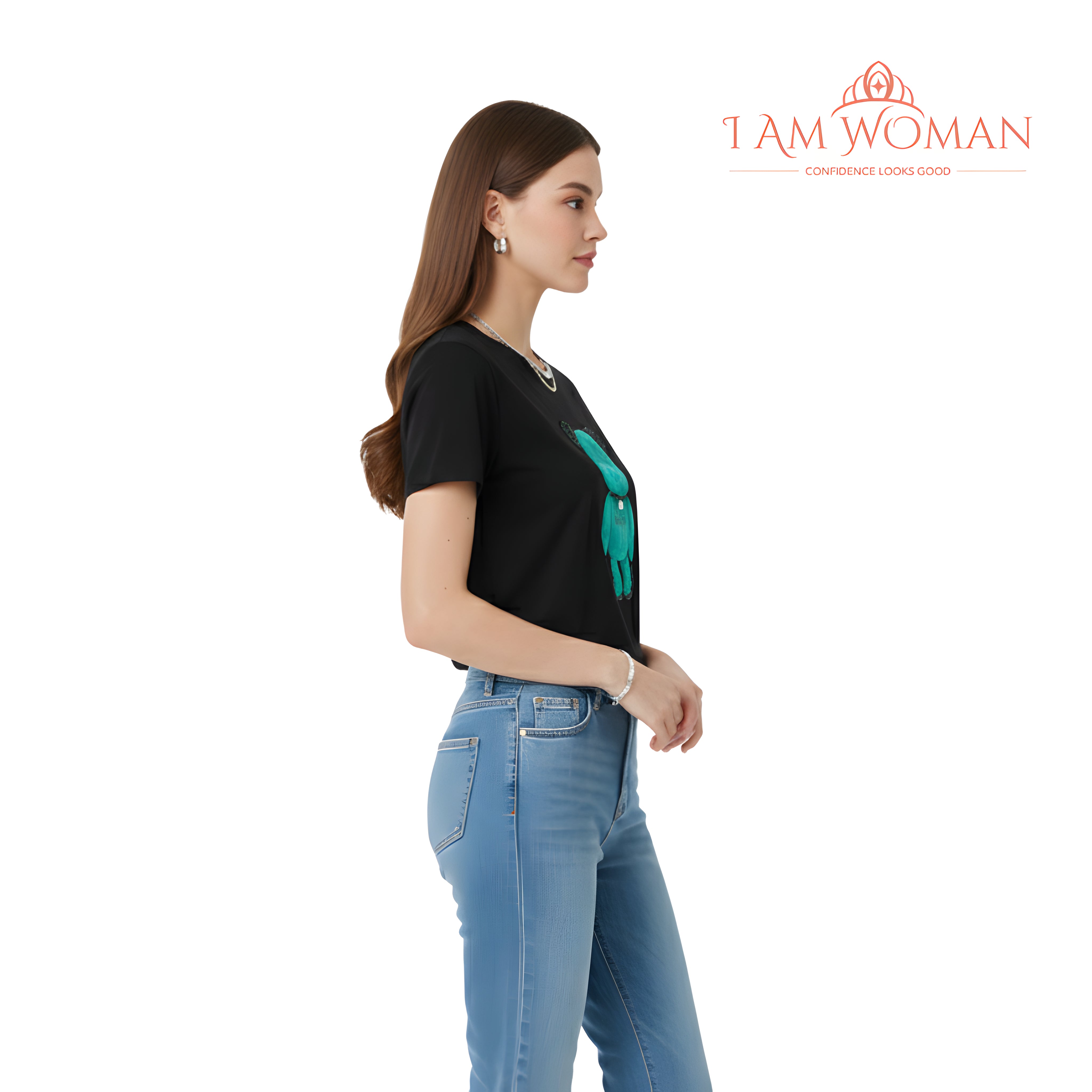 I Am Woman Black T-Shirt with a Teal Teddy Bear Applique