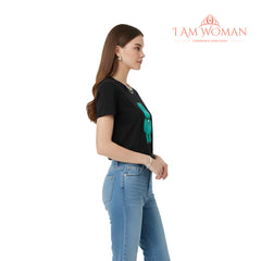 I Am Woman Black T-Shirt with a Teal Teddy Bear Applique