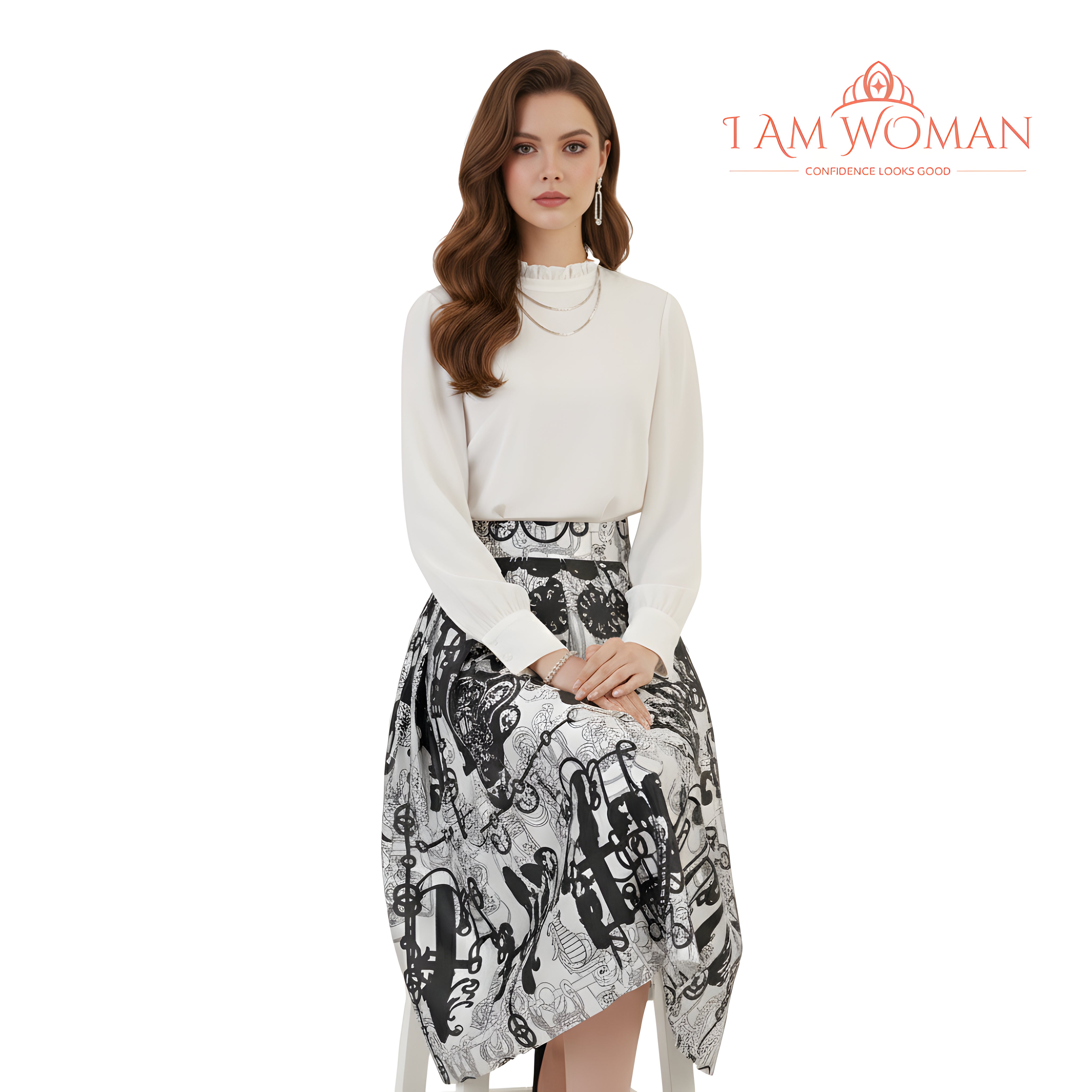 I Am Woman White and Black Patterned Pleated Skirt