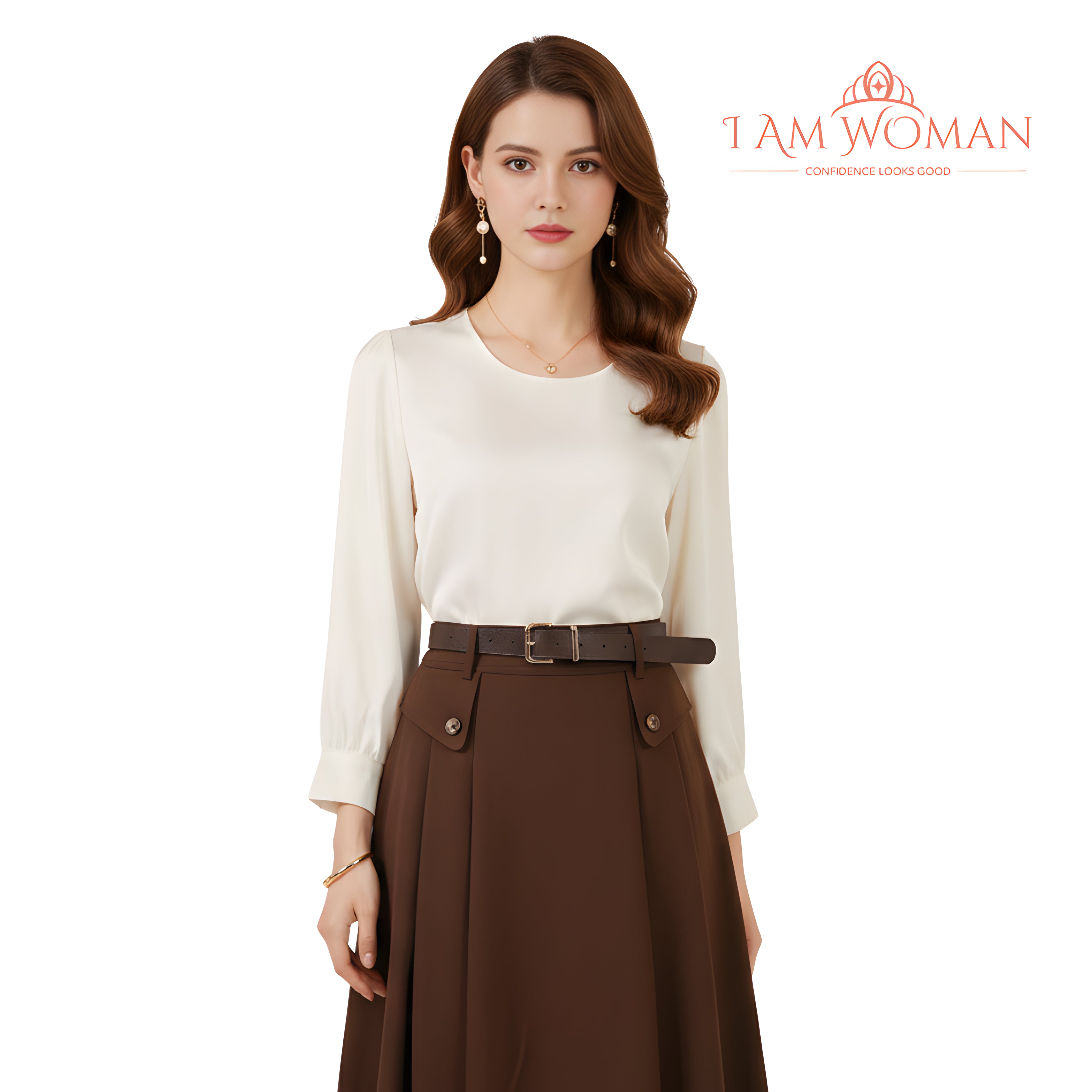 I Am Woman Chocolate Brown Belted Pleated Midi Skirt