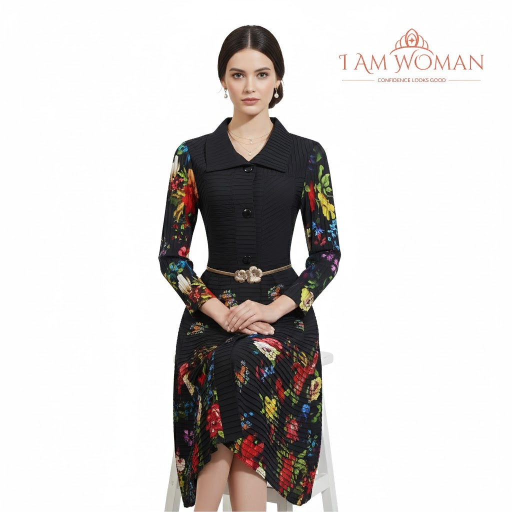 I Am Woman Floral Print Black Fit and Flare Dress