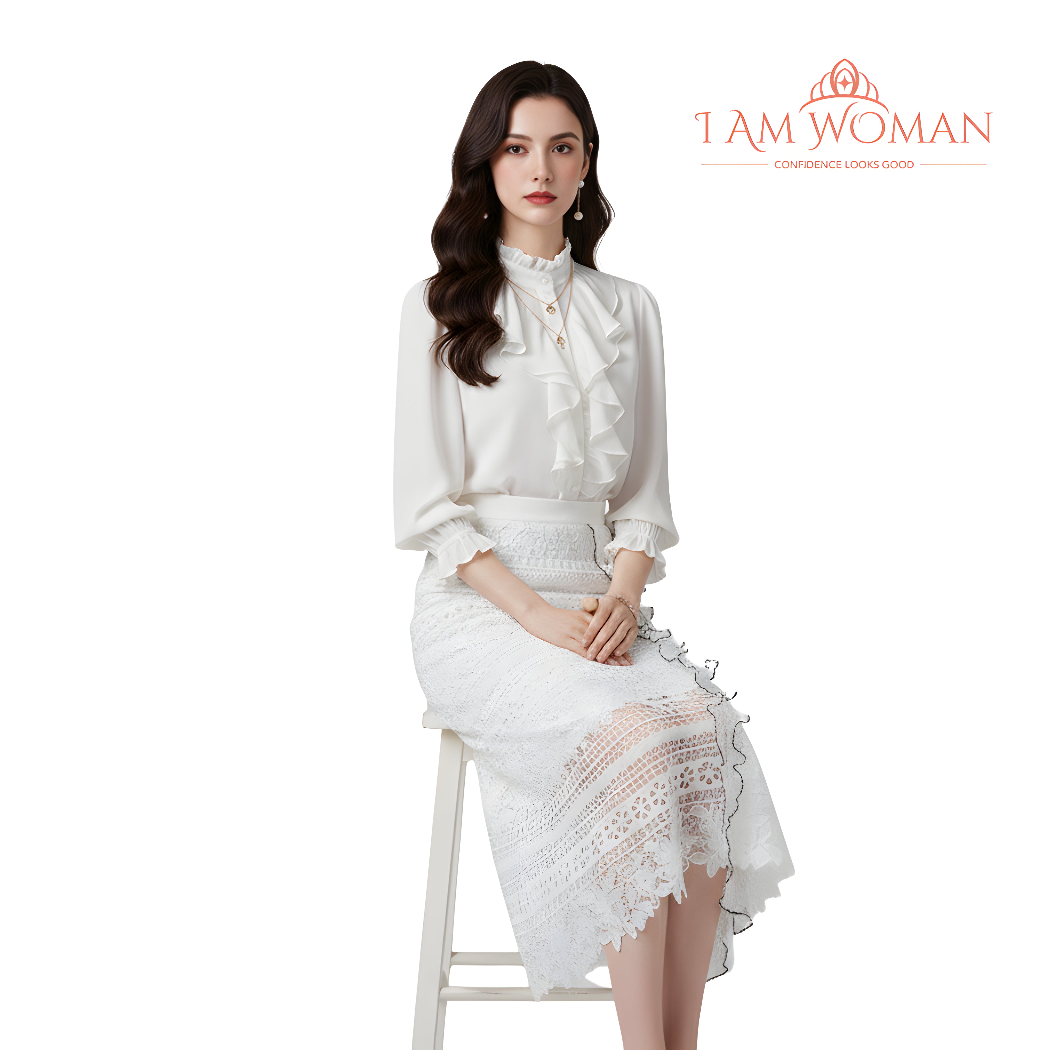 I Am Woman White Floral Lace Midi Skirt